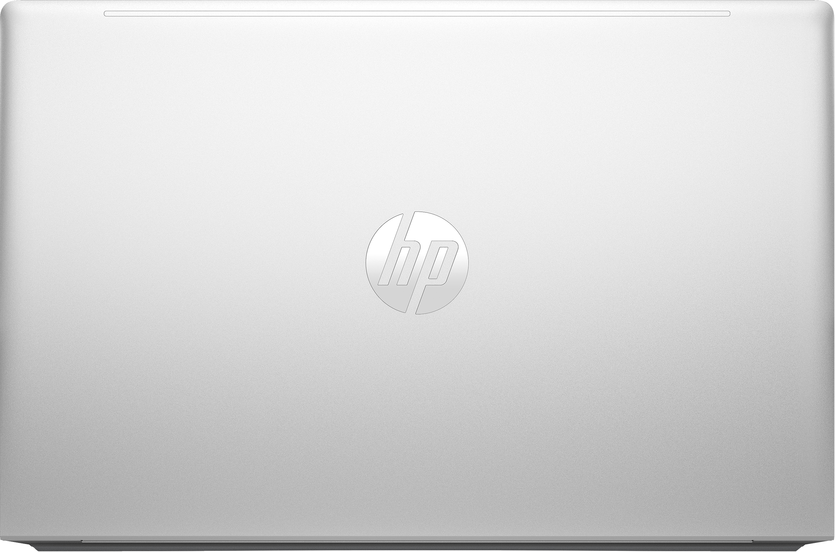 Gümüş bir dizüstü bilgisayar, üstten görünüm, kapak ortasında HP logosu.