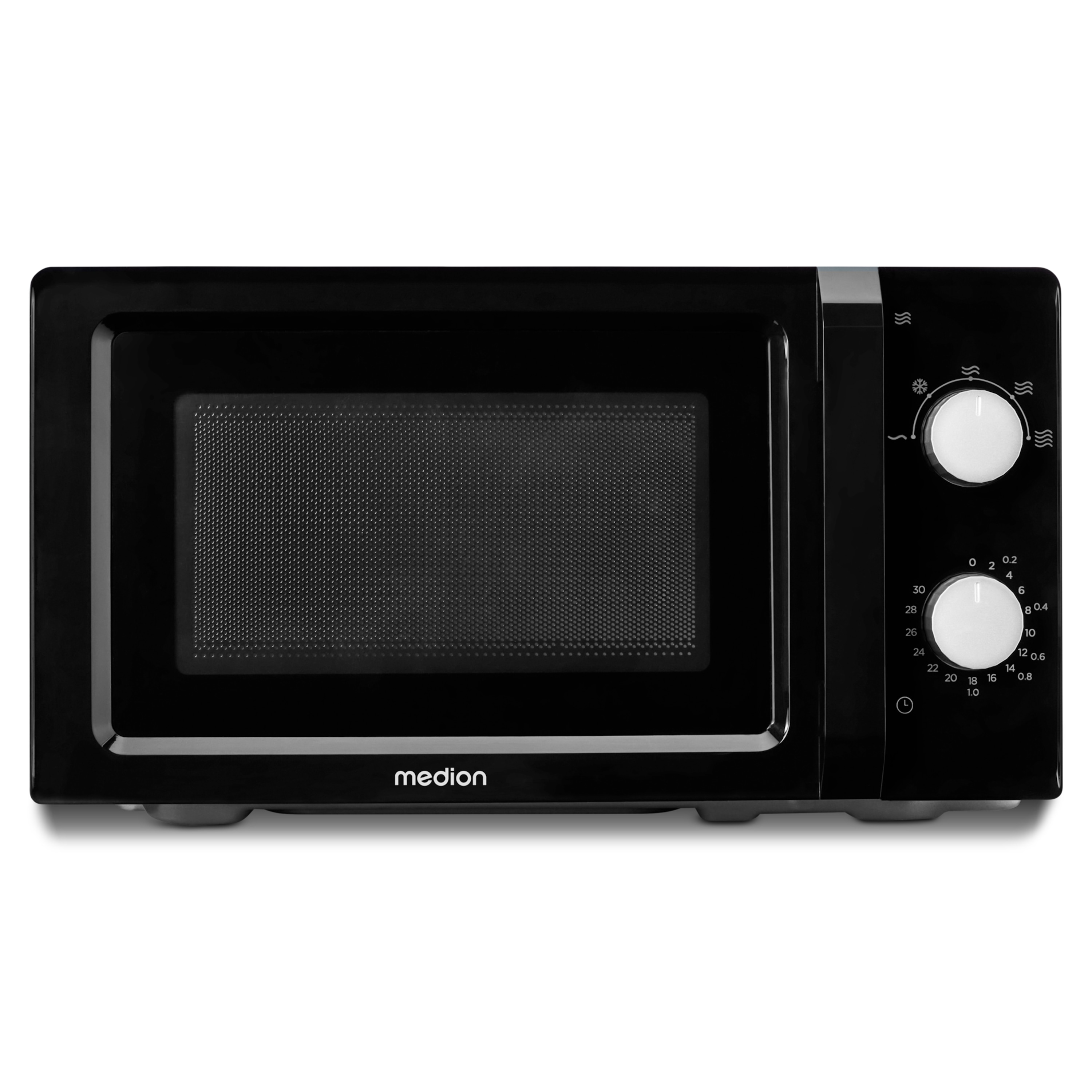 Czarna kuchenka mikrofalowa. Srebrne detale. Białe tło.