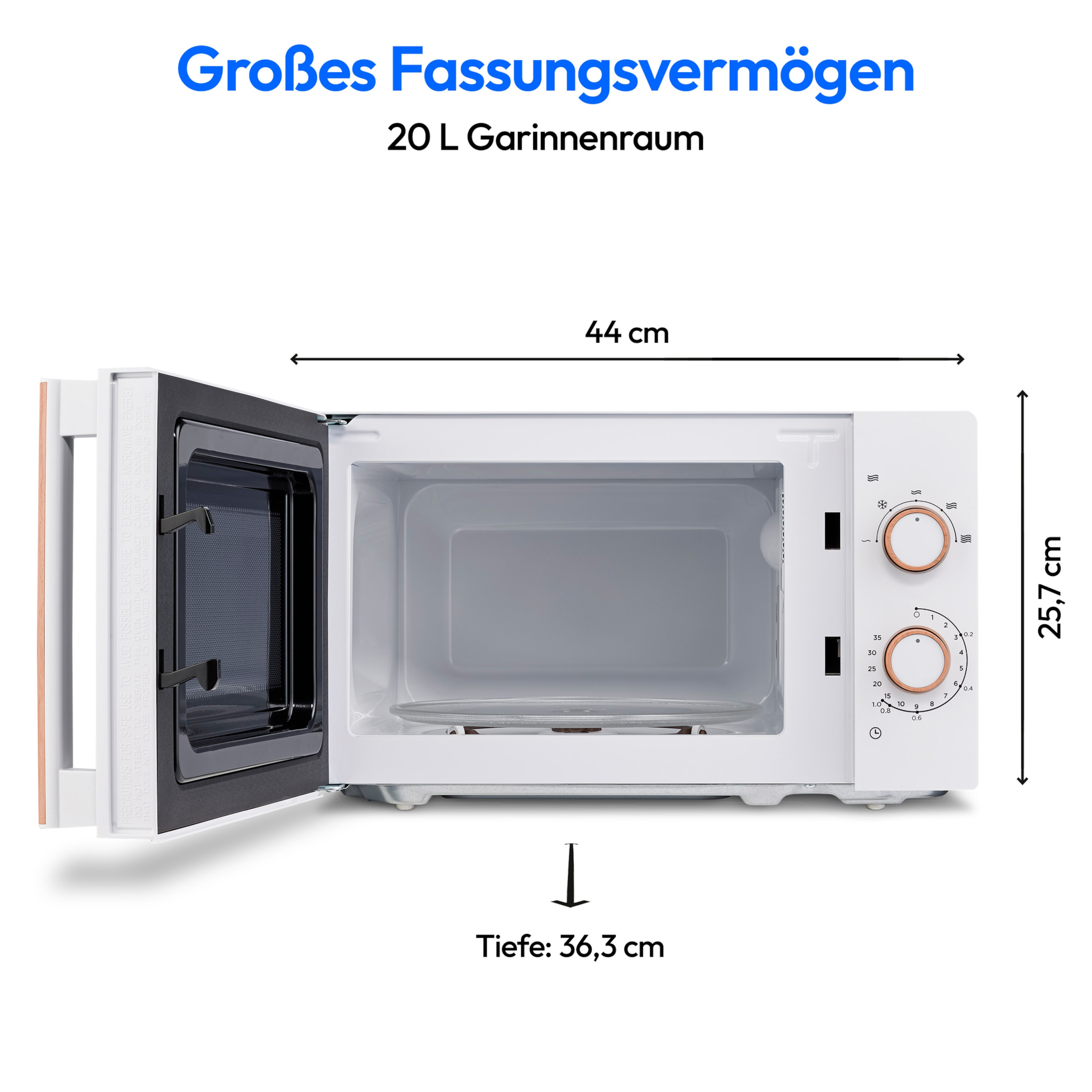 Eine weiße Mikrowelle mit offener Tür, die das Innere zeigt. Abmessungen sind auf dem Bild angegeben.