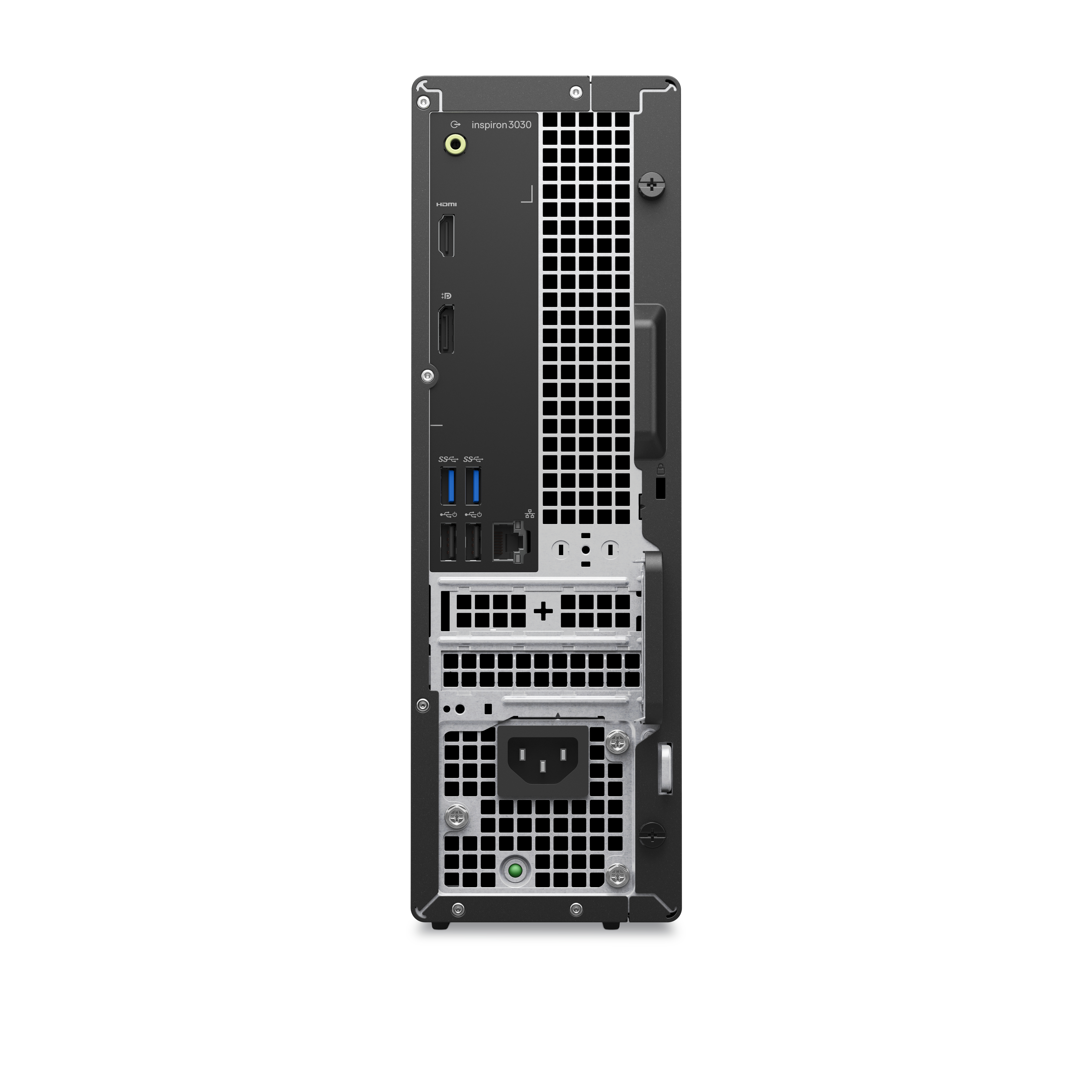 Computer desktop nero. Vista frontale con porte e prese d'aria visibili. Lo sfondo è bianco.
