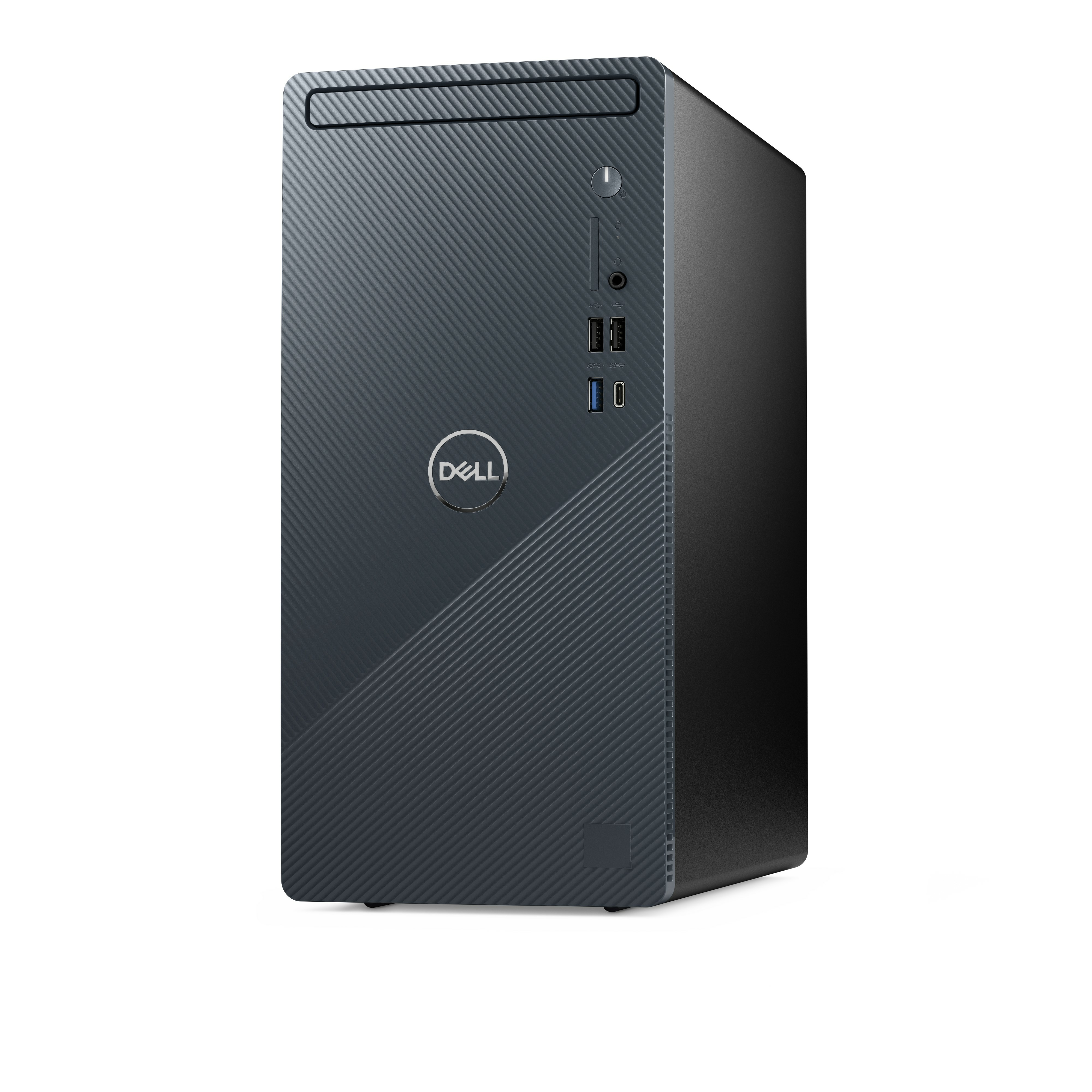 Computer desktop Dell grigio scuro. Vista frontale con il logo Dell. Lo sfondo è bianco.