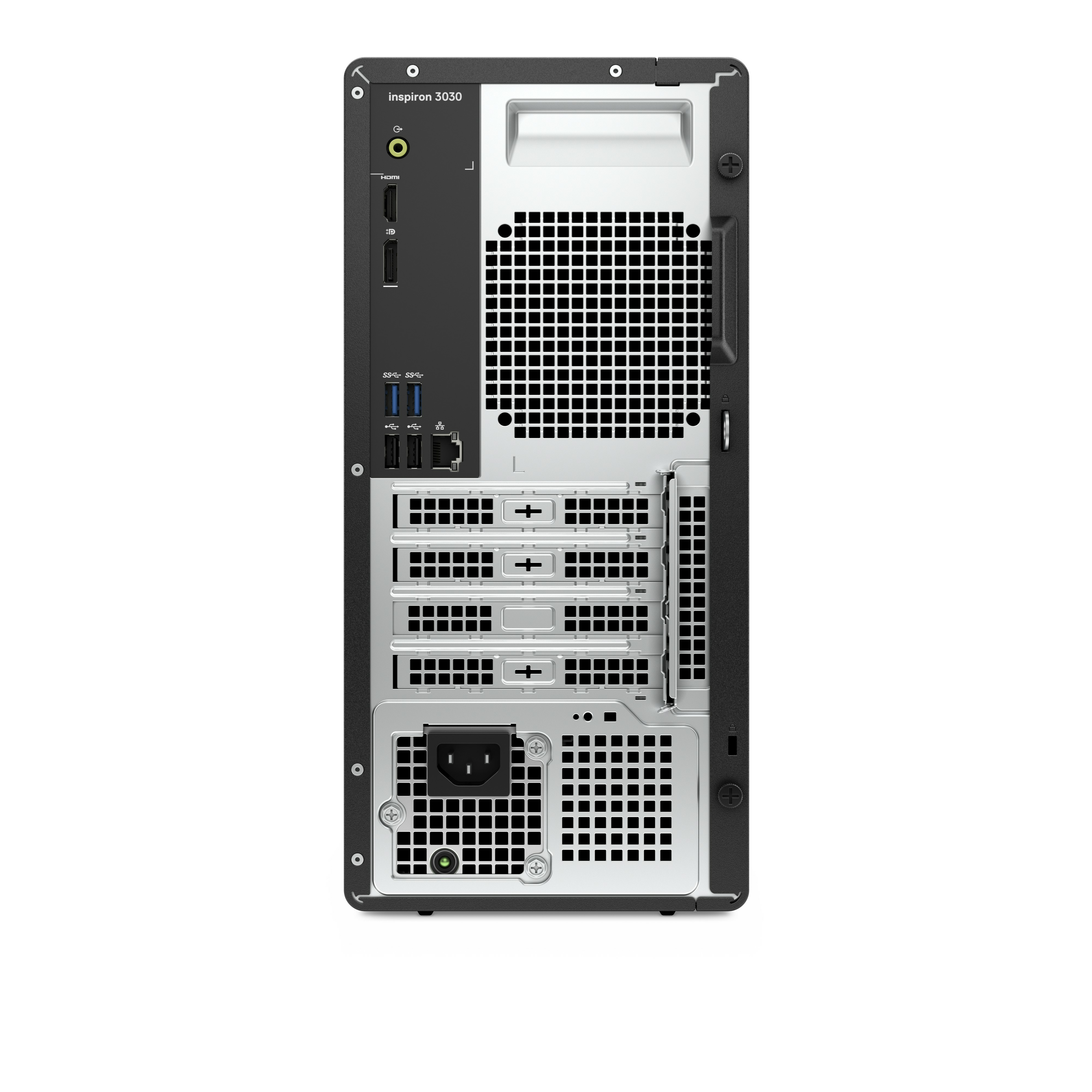 Retro di un case per computer Dell nero. Ha porte, prese d'aria e un alimentatore.