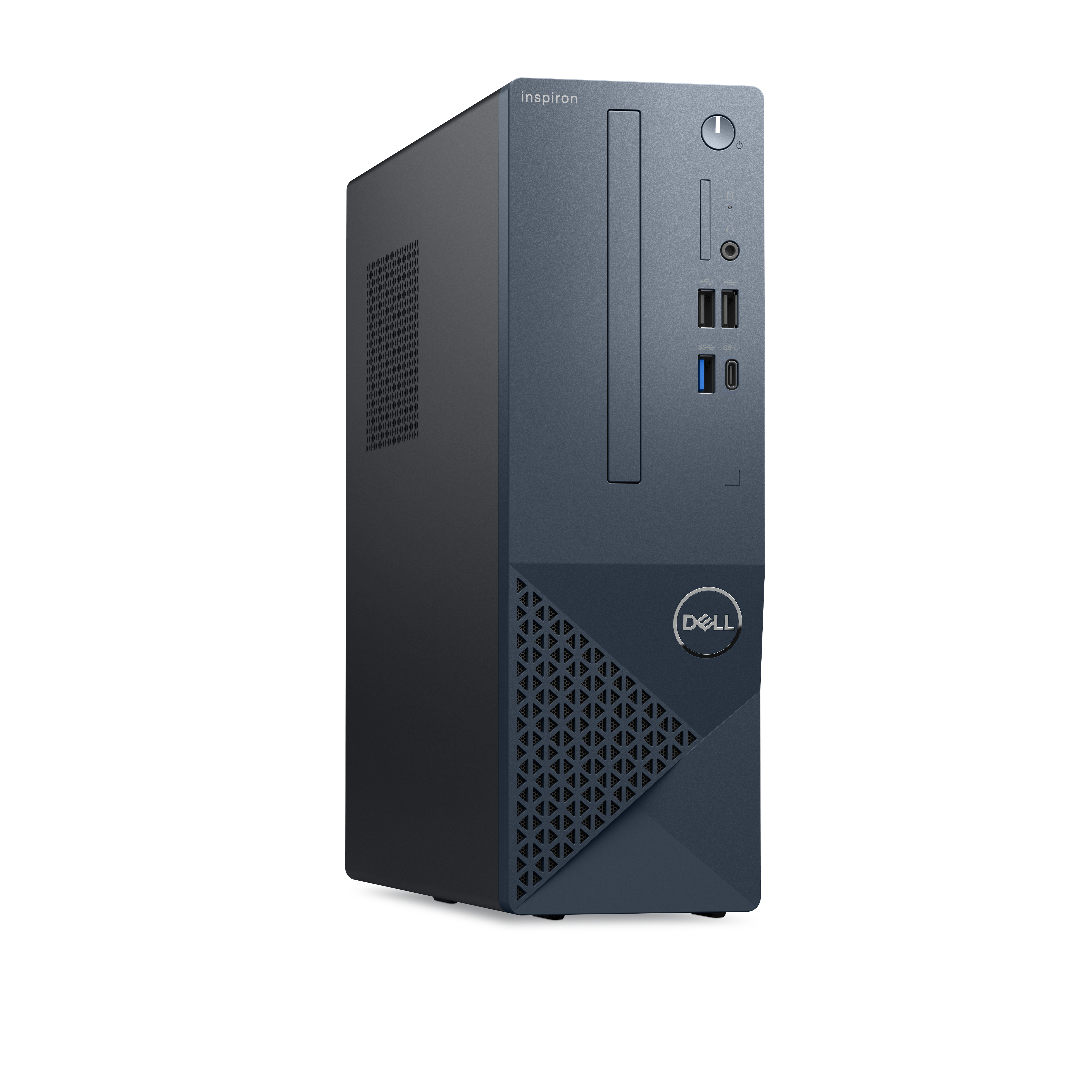 Un case computer Dell blu scuro su sfondo bianco, con porte e logo Dell visibili.