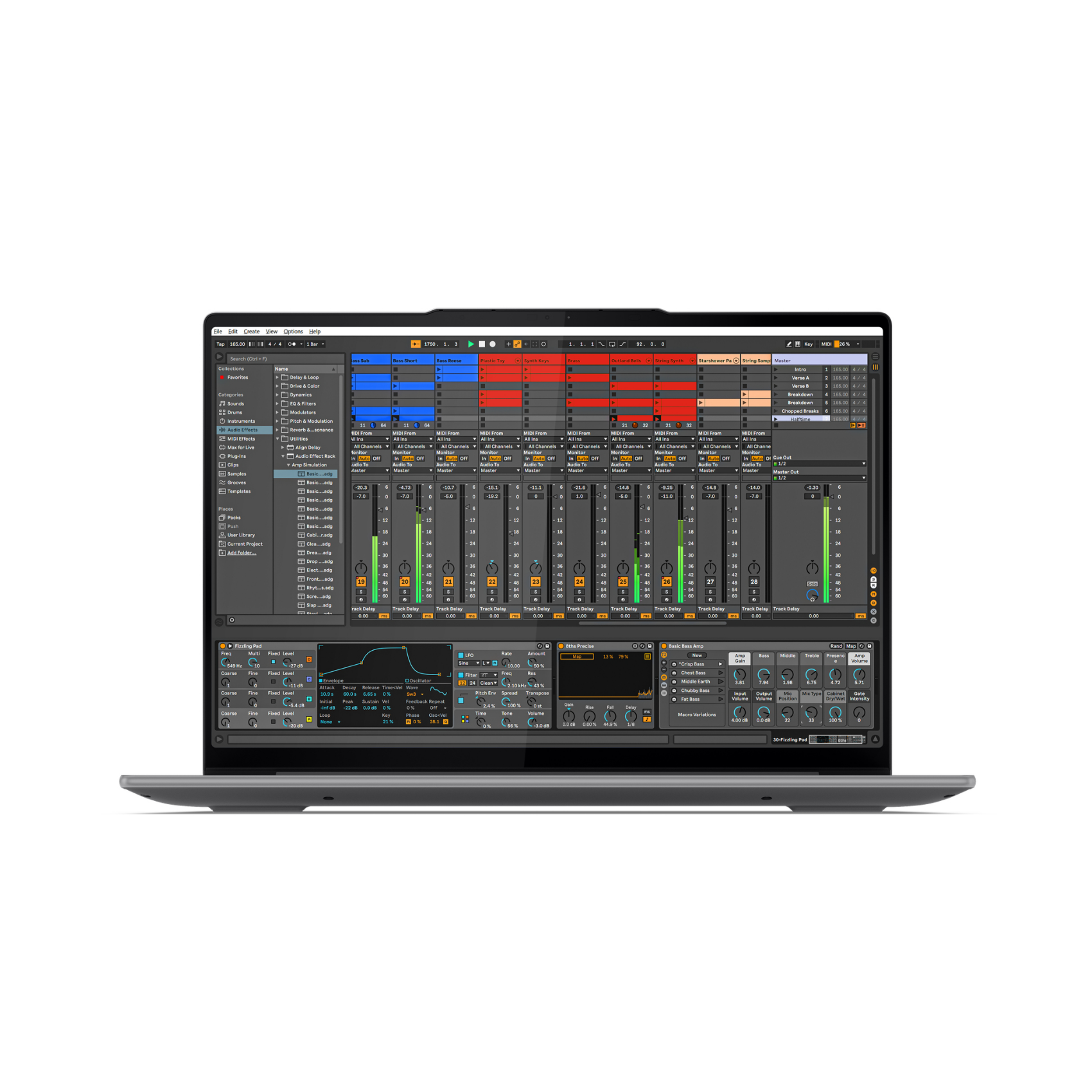 Laptop-Bildschirm mit einer Benutzeroberfläche für Musikproduktionssoftware.