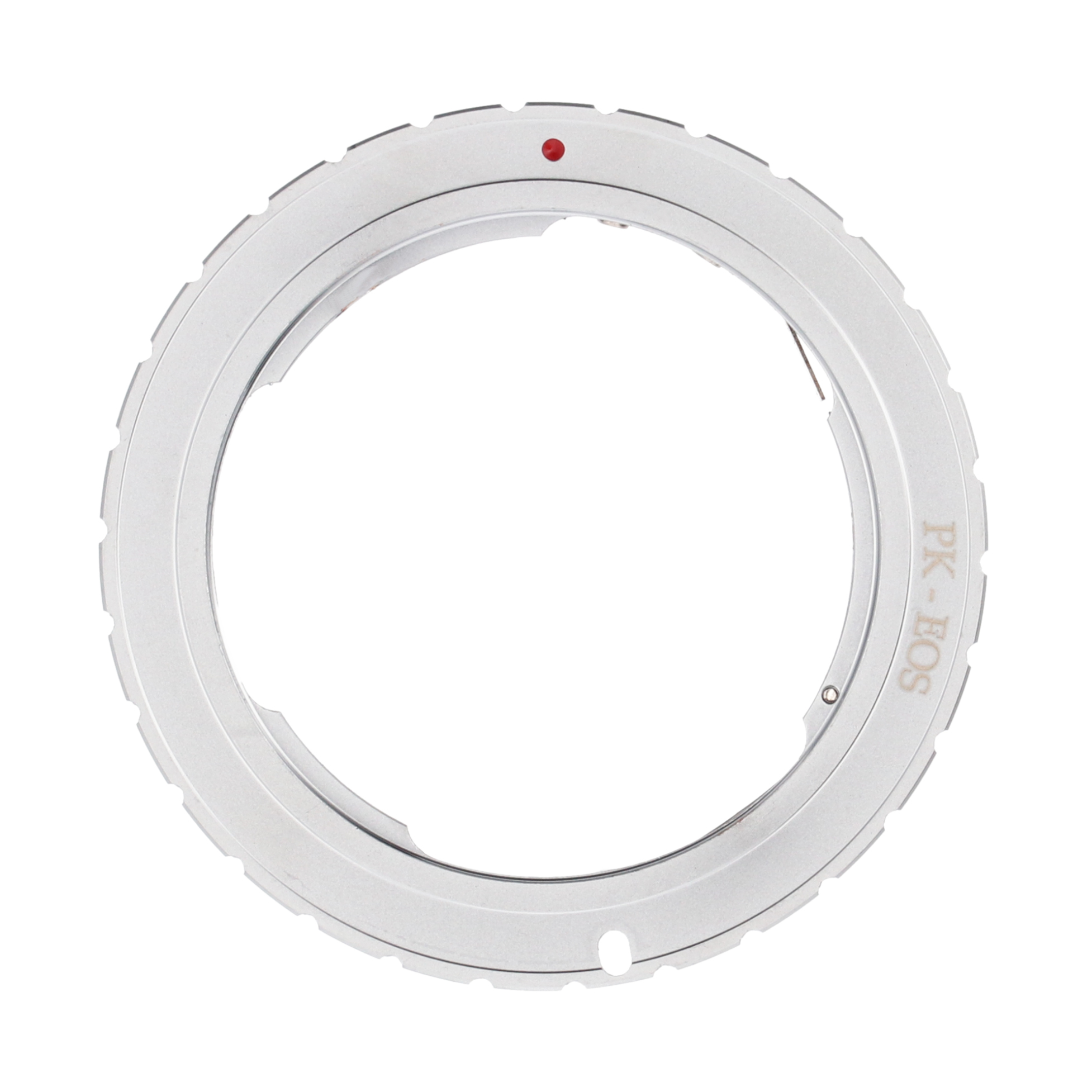 Silberner PK-EOS-Objektivadapterring mit rotem Punkt.