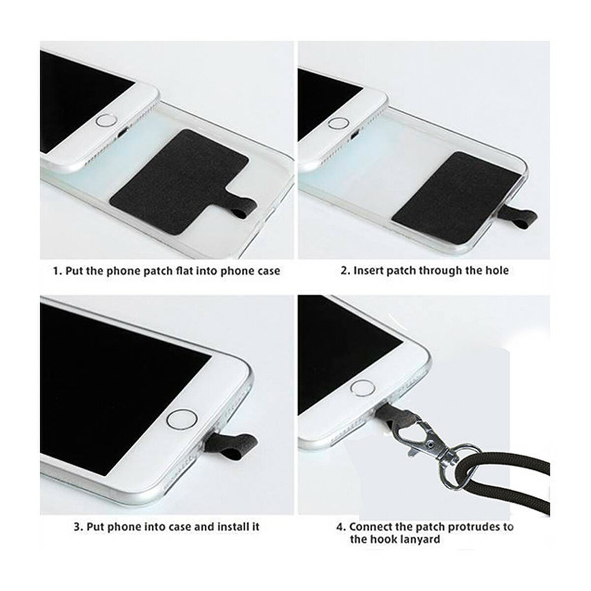 Instrucciones para colocar un parche de teléfono en una funda y conectarlo a un cordón.