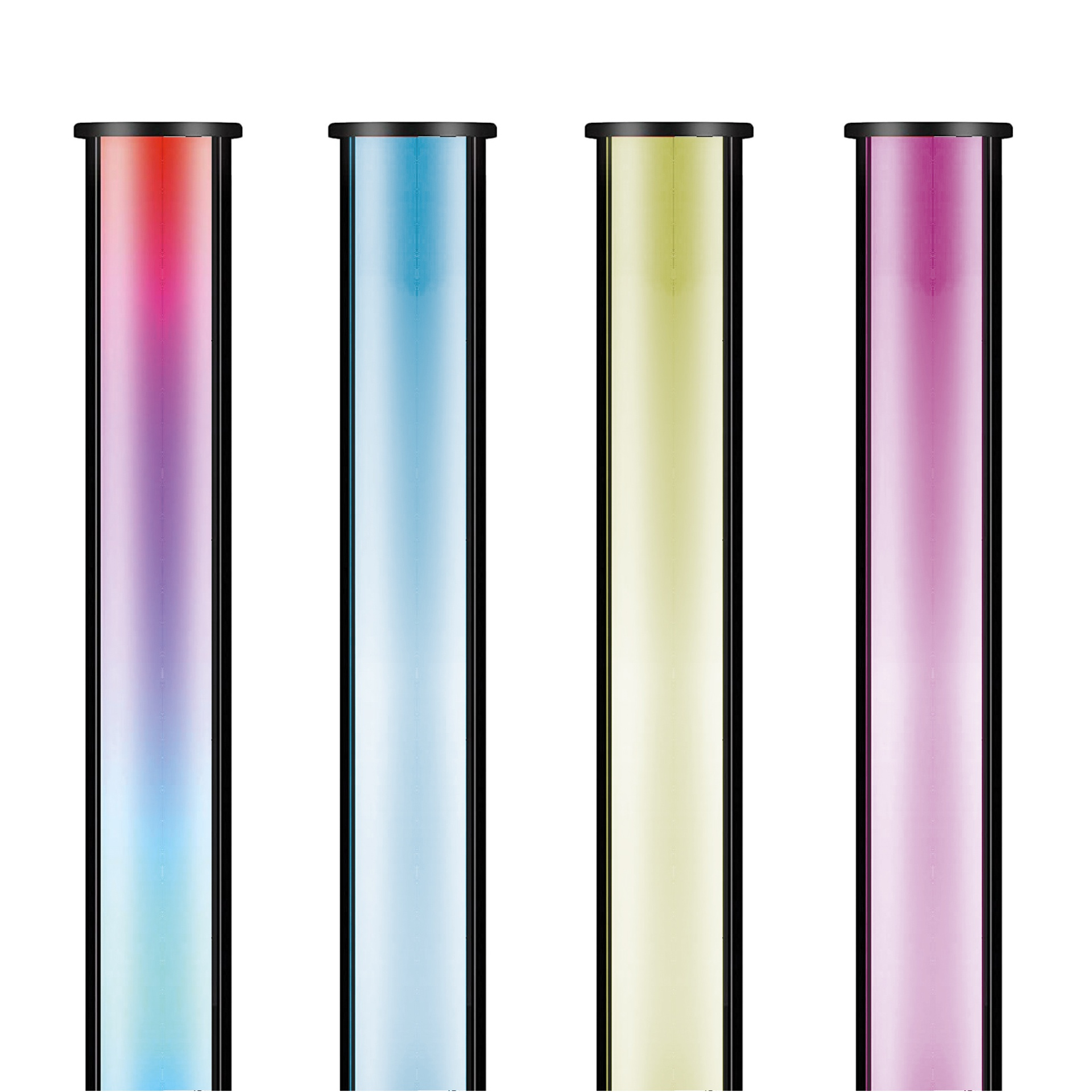 Cztery wysokie szklane probówki z kolorowymi gradientami cieczy; czerwony, niebieski, żółty i różowy, wszystkie na białym.