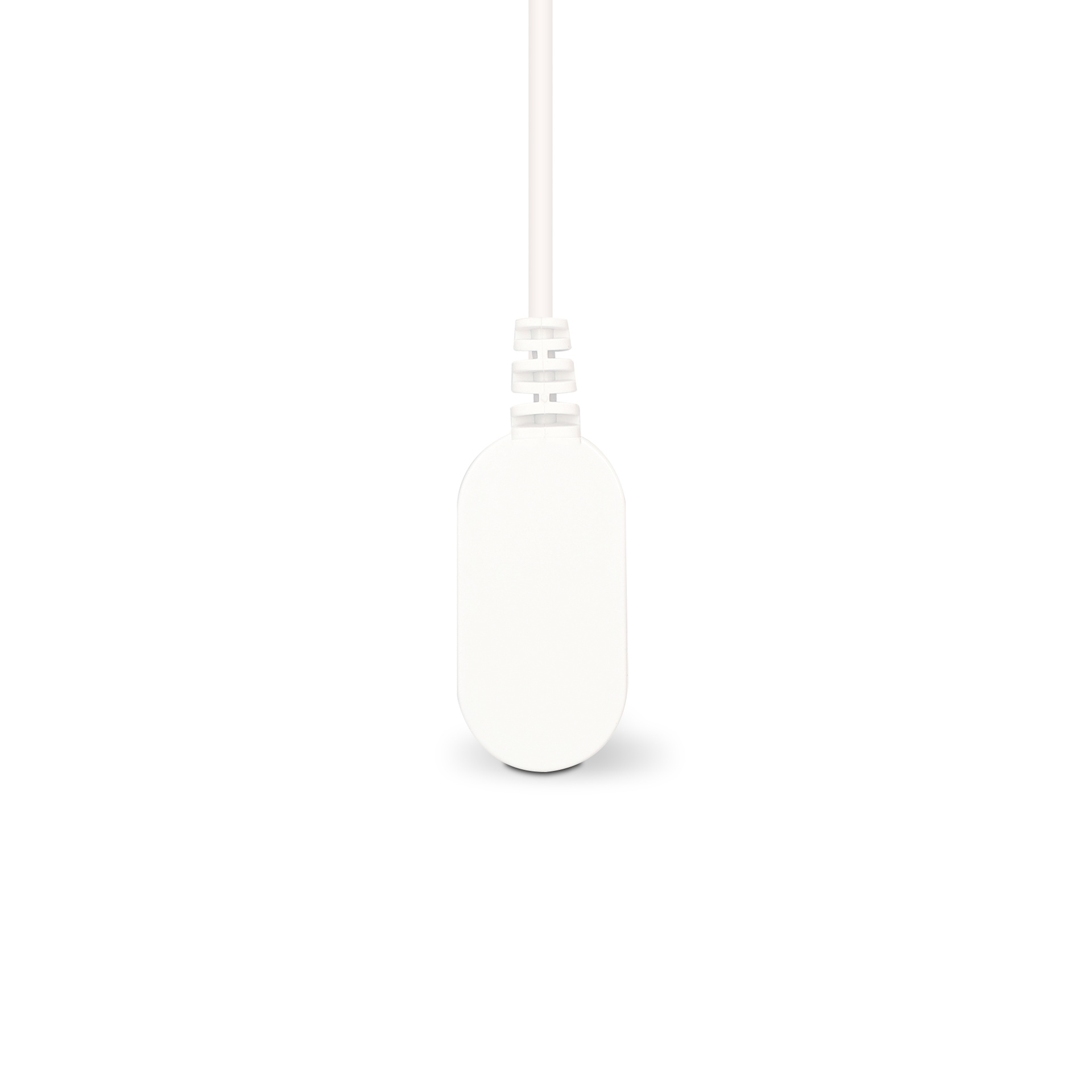 Adaptador de corriente blanco con extremo redondeado, sobre fondo blanco.