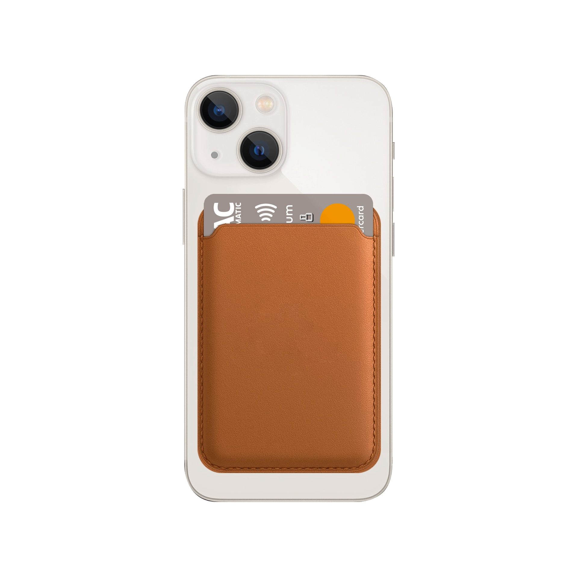 Un iPhone blanco con una cartera de cuero marrón adjunta en la parte trasera, con una tarjeta de crédito.