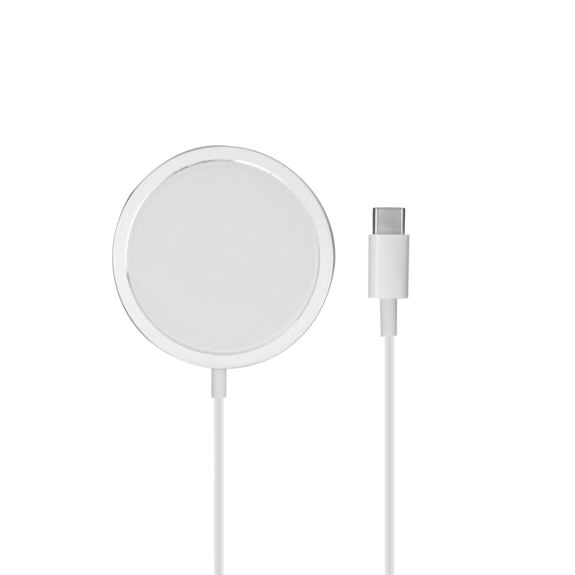 Almohadilla de carga inalámbrica blanca y un cable USB-C blanco. La almohadilla es circular.