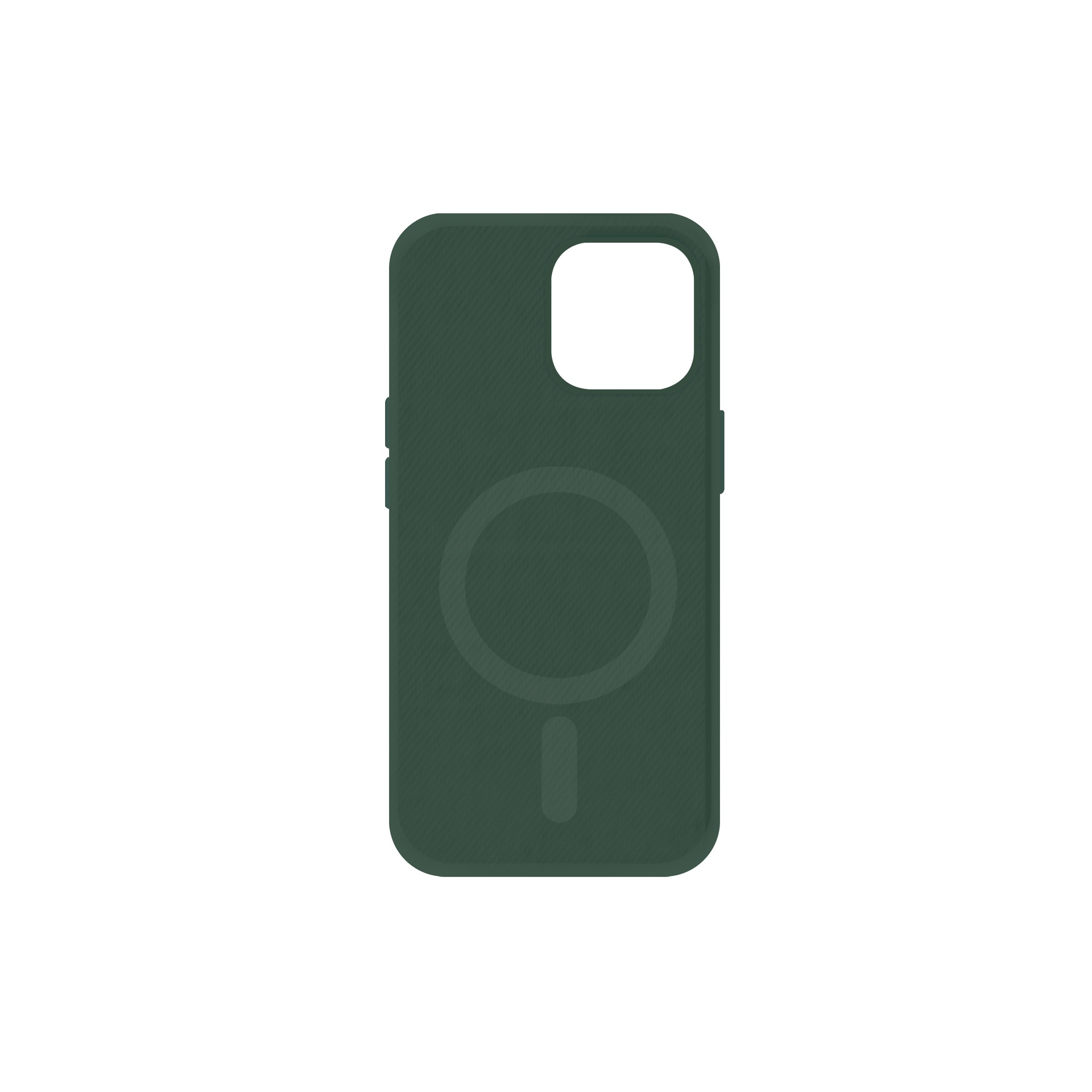 Custodia verde per telefono con ritaglio per fotocamera e cerchio MagSafe su sfondo bianco.