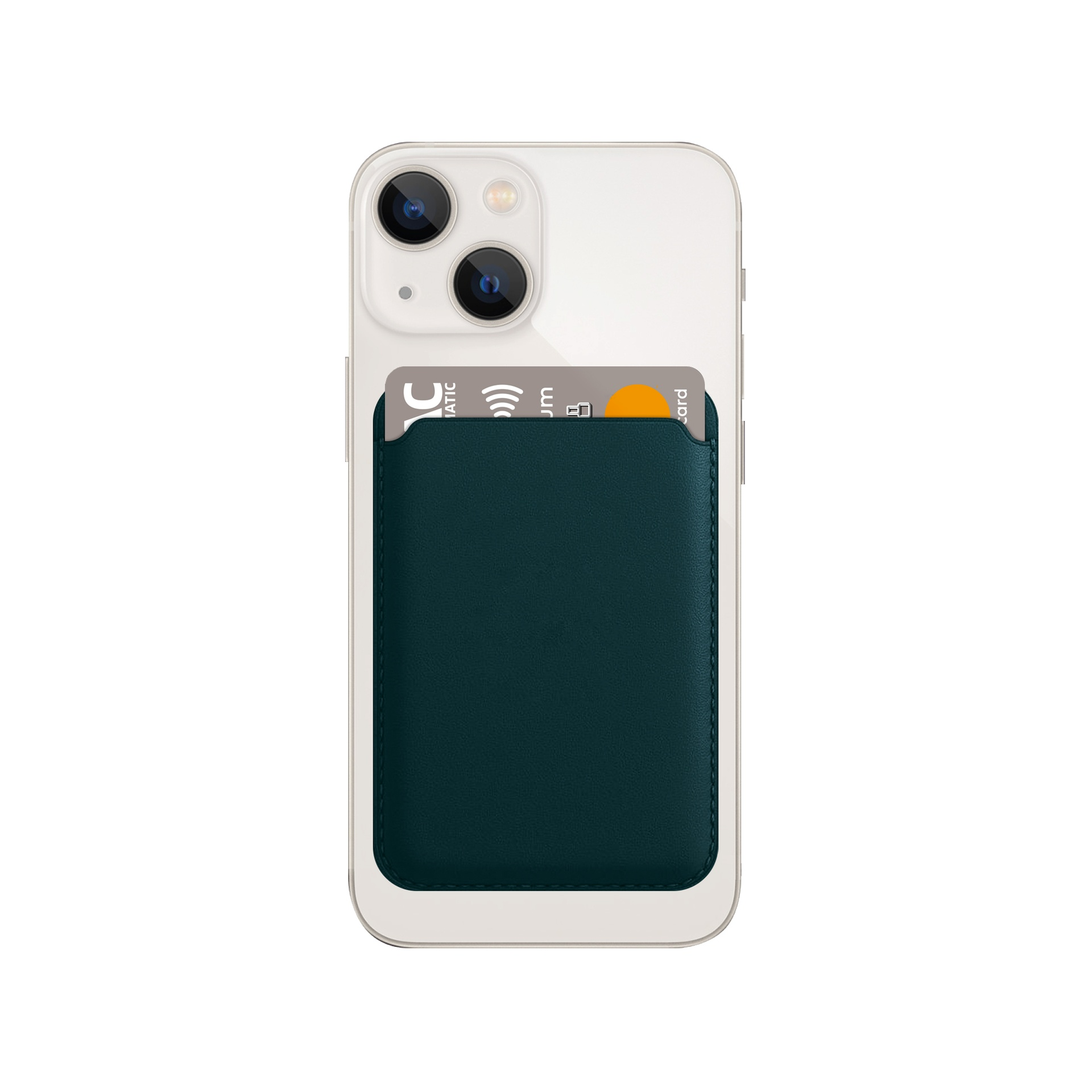 Un iPhone blanco con un tarjetero verde adherido a su parte trasera.