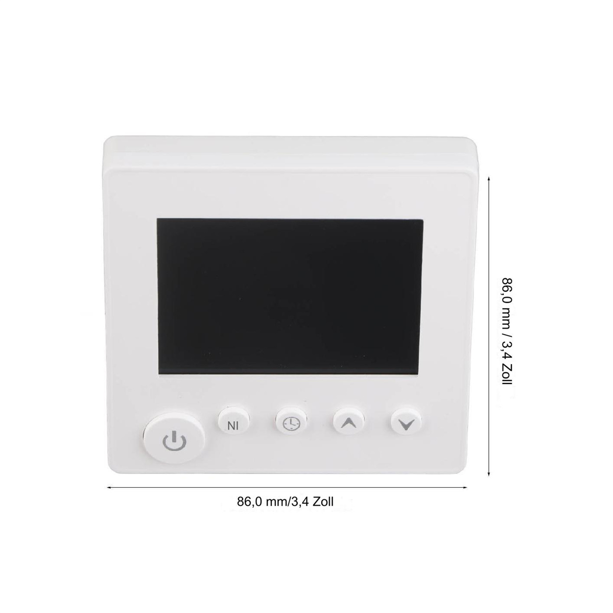 Weißer Thermostat mit schwarzem Bildschirm und Knöpfen. Abmessungen sind an der Seite sichtbar.