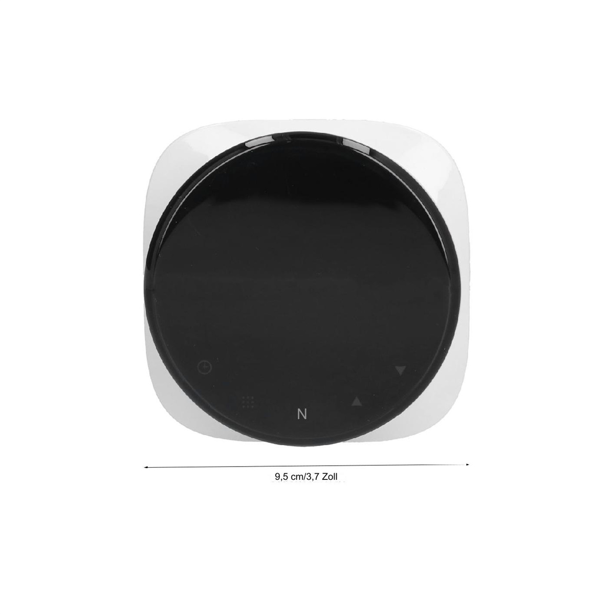 Schwarz-weißes Thermostat mit schwarzem, kreisförmigem Bildschirm mit Informationen.