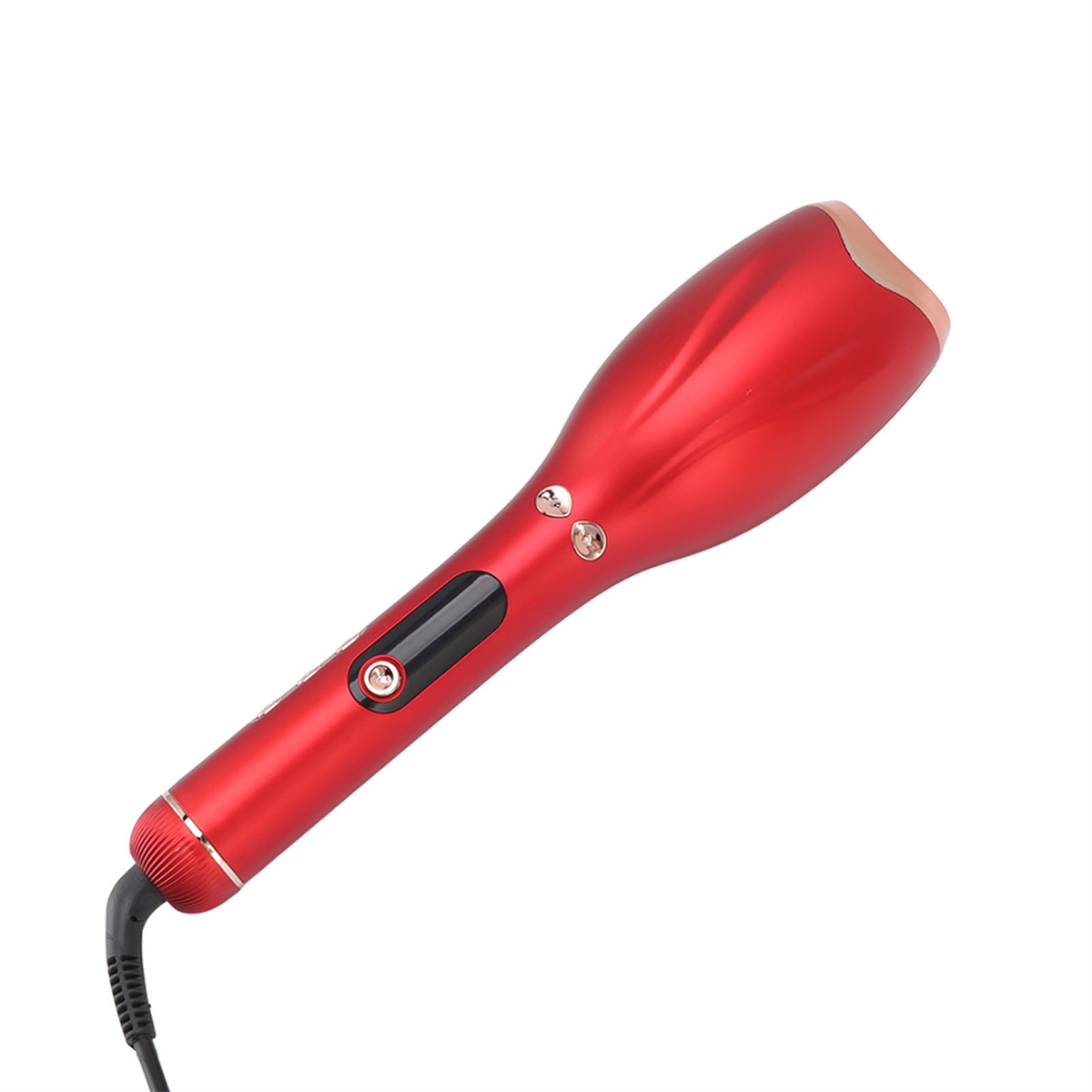 Roter Lockenstab mit schwarzem Kabel auf weißem Hintergrund.