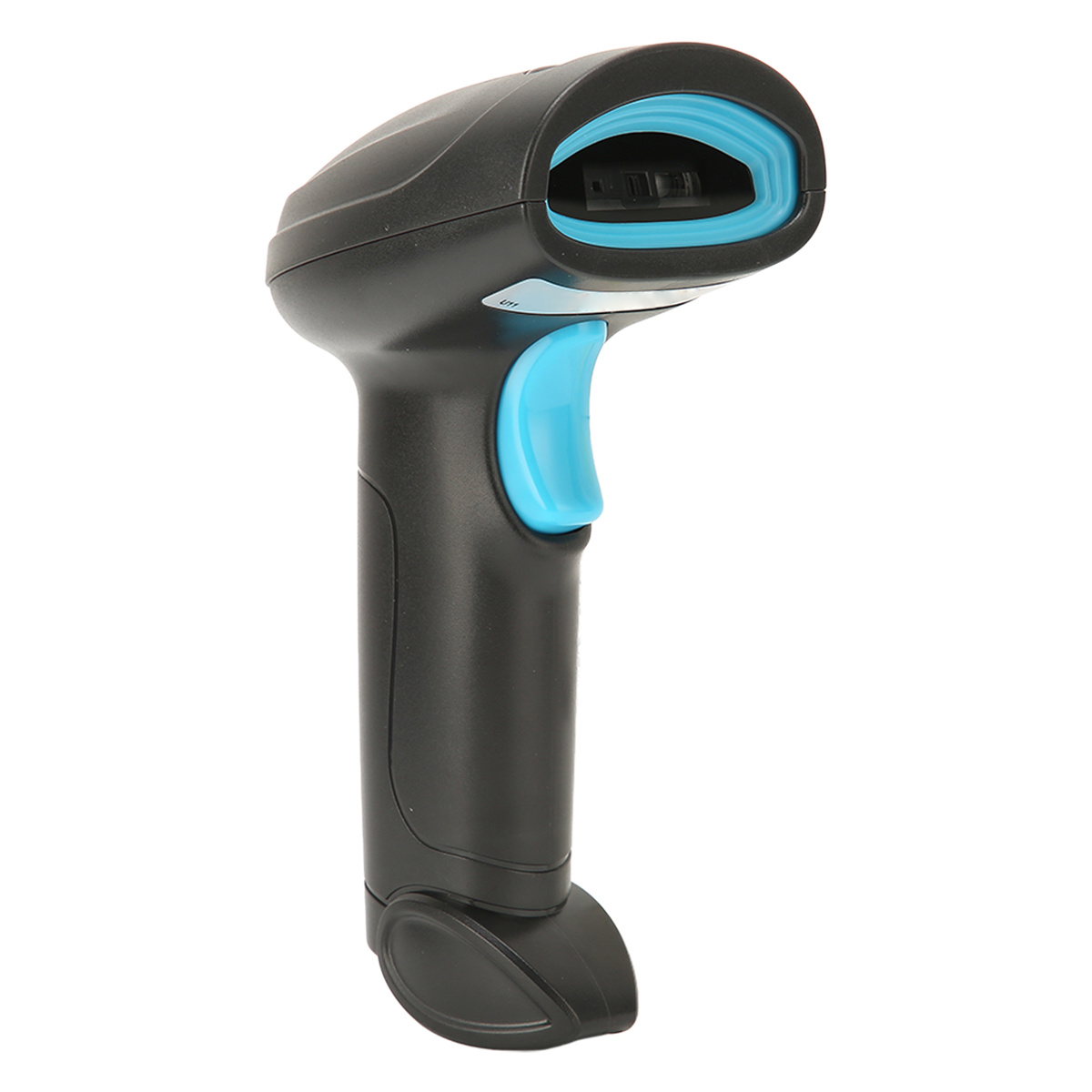 Ein schwarzer und blauer Barcode-Scanner mit blauem Auslöseknopf auf weißer Oberfläche.