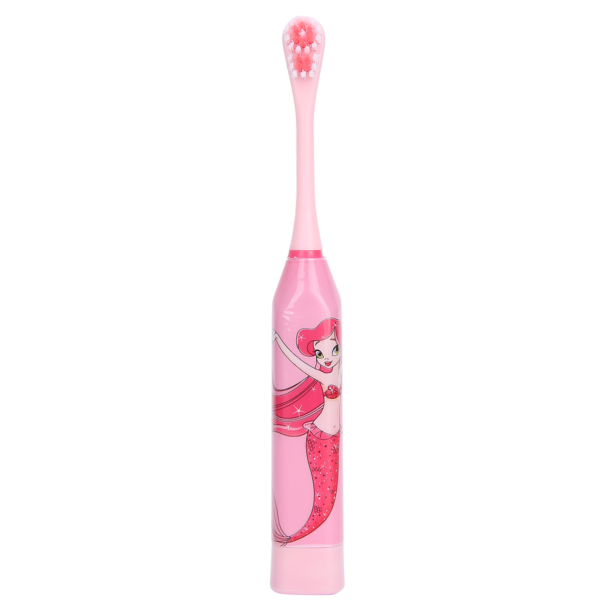 Rosa elektrische Zahnbürste mit Meerjungfrau-Design. Der Bürstenkopf ist rosa mit weißen Borsten.