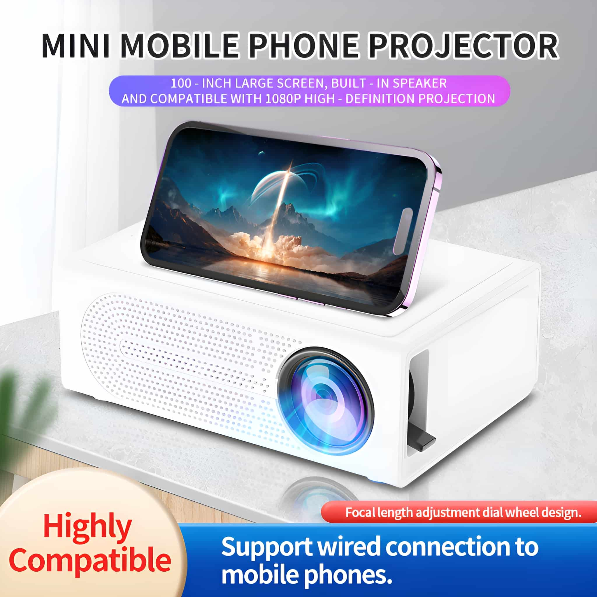 Weißer Mini-Handy-Projektor mit Telefon oben. Der Projektor hat eine Linse.