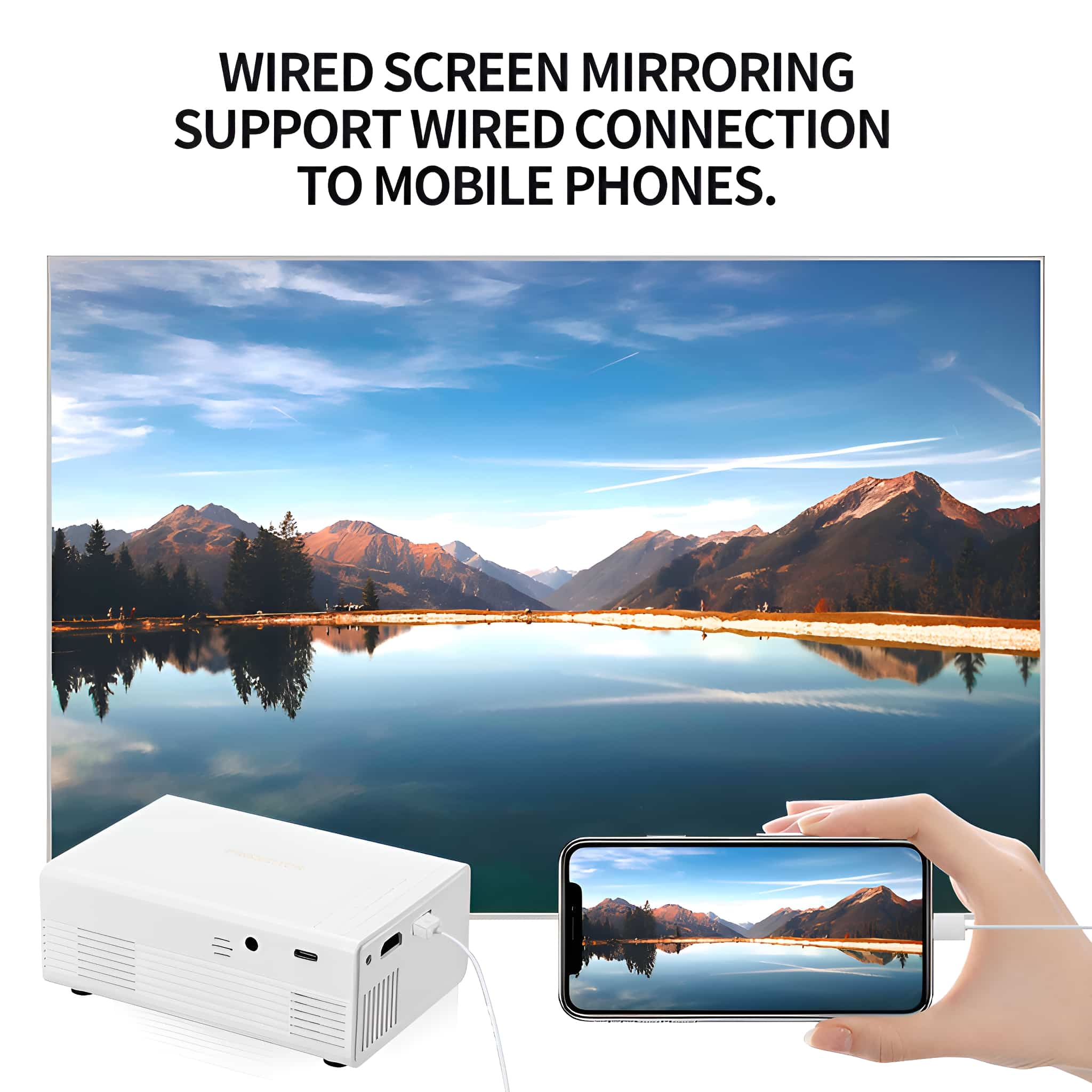 Weißer Projektor mit einem Telefon mit See und Bergen. Weißer Hintergrund.