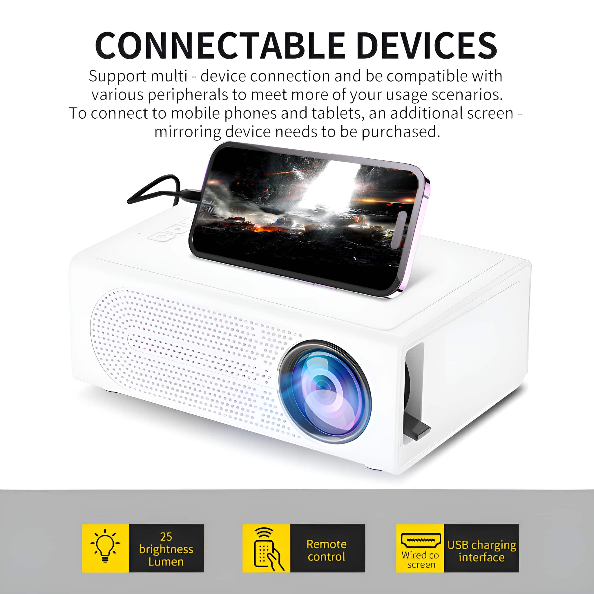Ein weißer Projektor mit einem Telefon darauf und Symbolen unten.