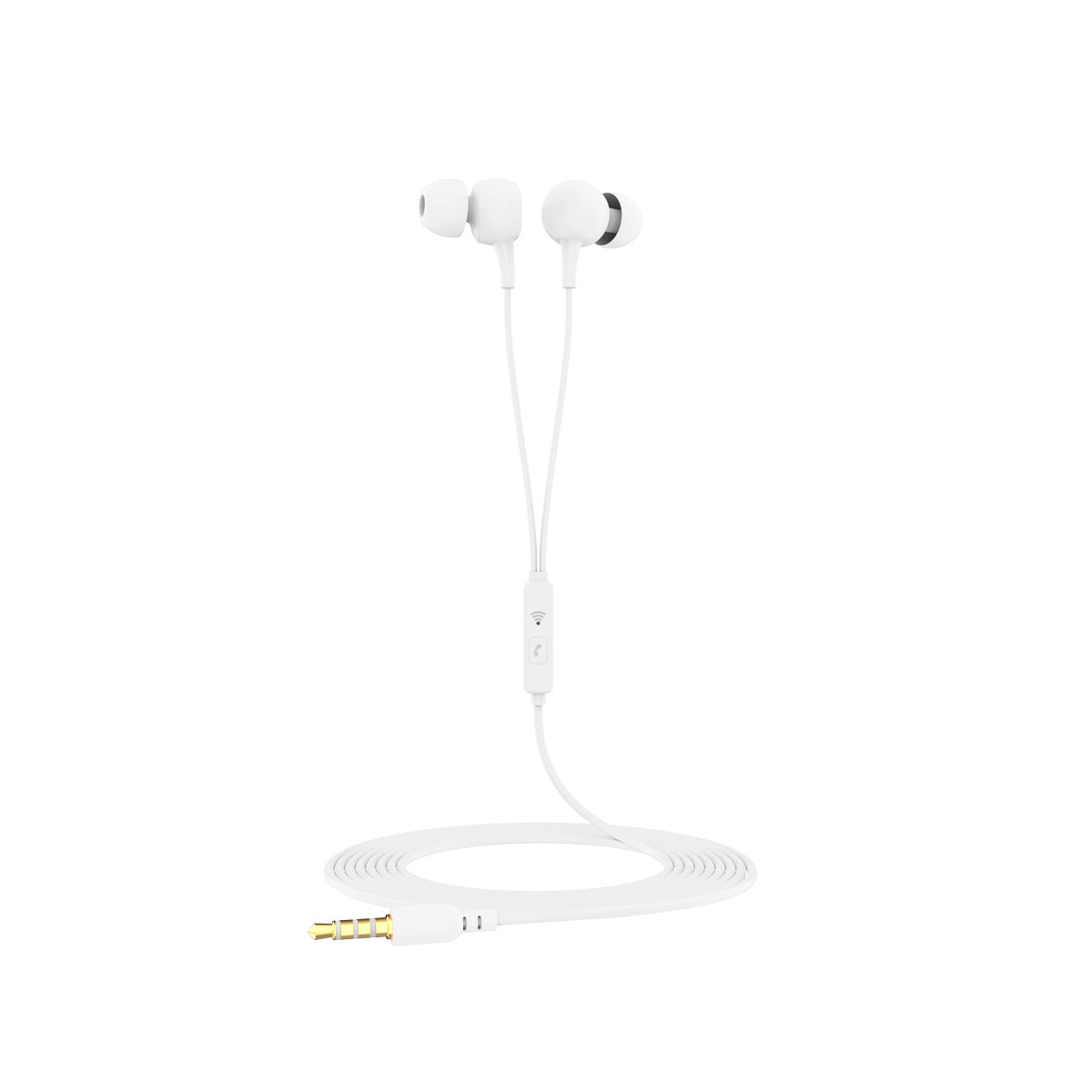 Auriculares intrauditivos blancos con módulo de control y conector chapado en oro.