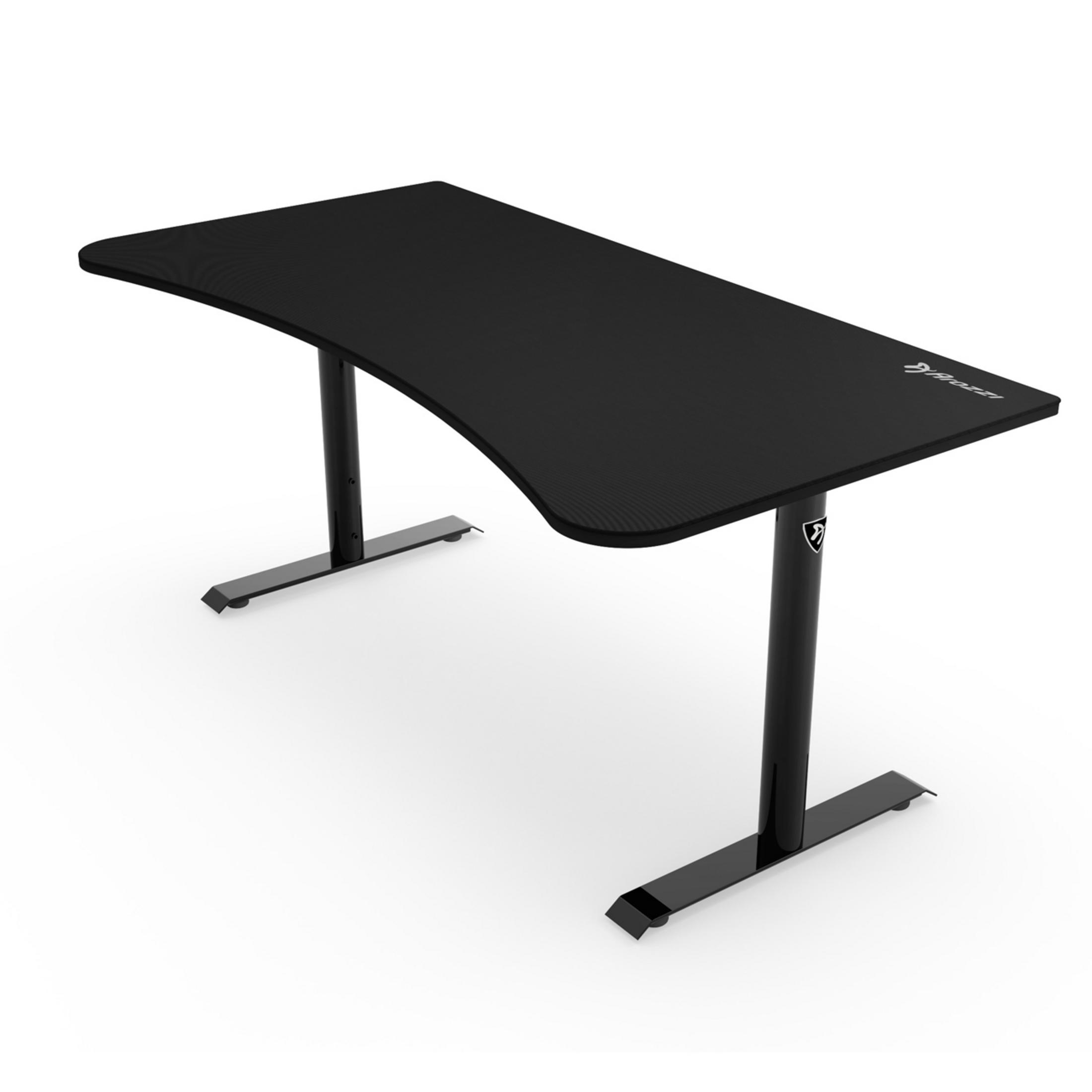 Ein schwarzer Schreibtisch mit einem schwarzen Bein.