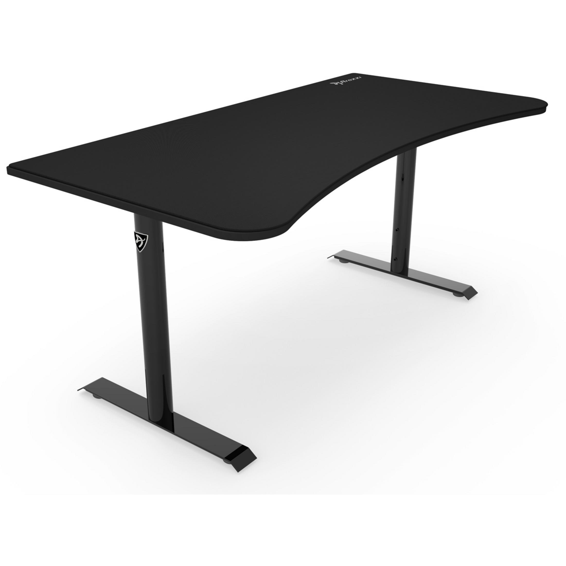 Ein schwarzer Schreibtisch mit zwei schwarzen Beinen.