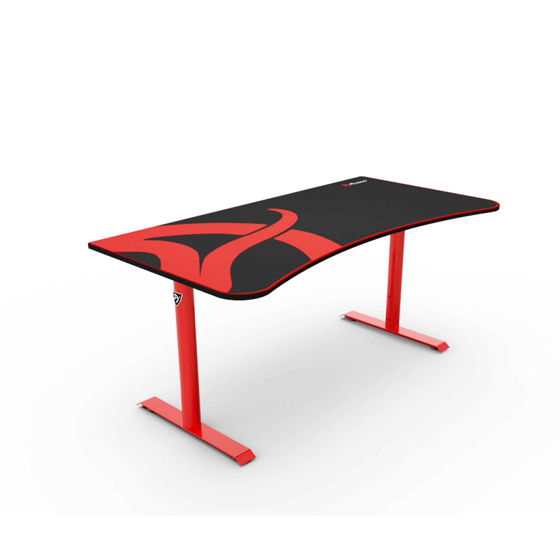 Rode gamingtafel met gebogen zwart blad, rode poten en witte achtergrond.
