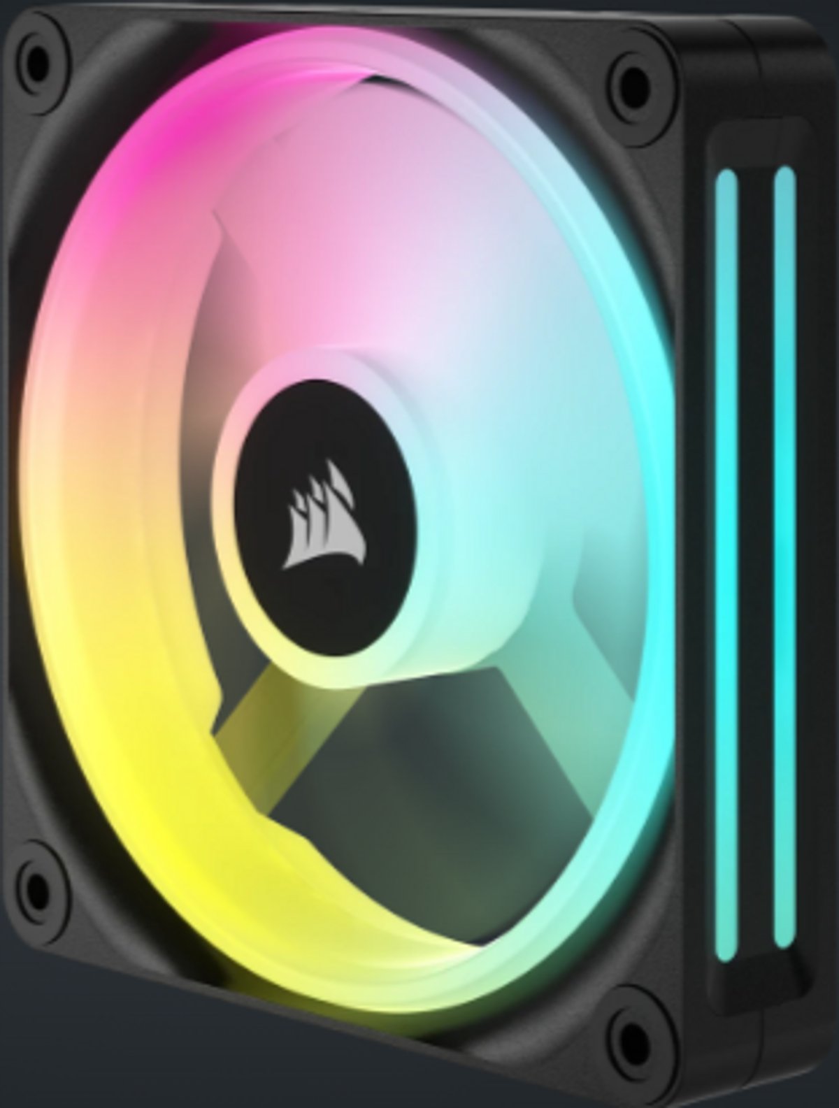 Ventilador de computadora con marco negro e iluminación RGB colorida. Aspas blancas. Marco negro.