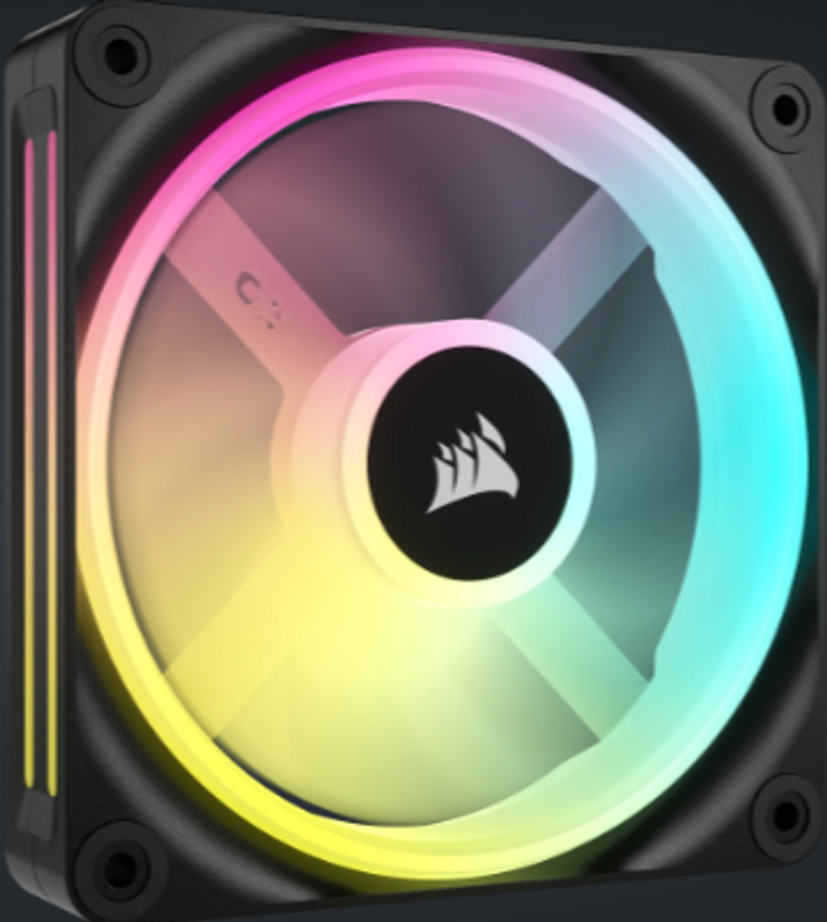 Ventilador de ordenador con iluminación RGB. Redondo, con marco negro y centro transparente. Fondo blanco.