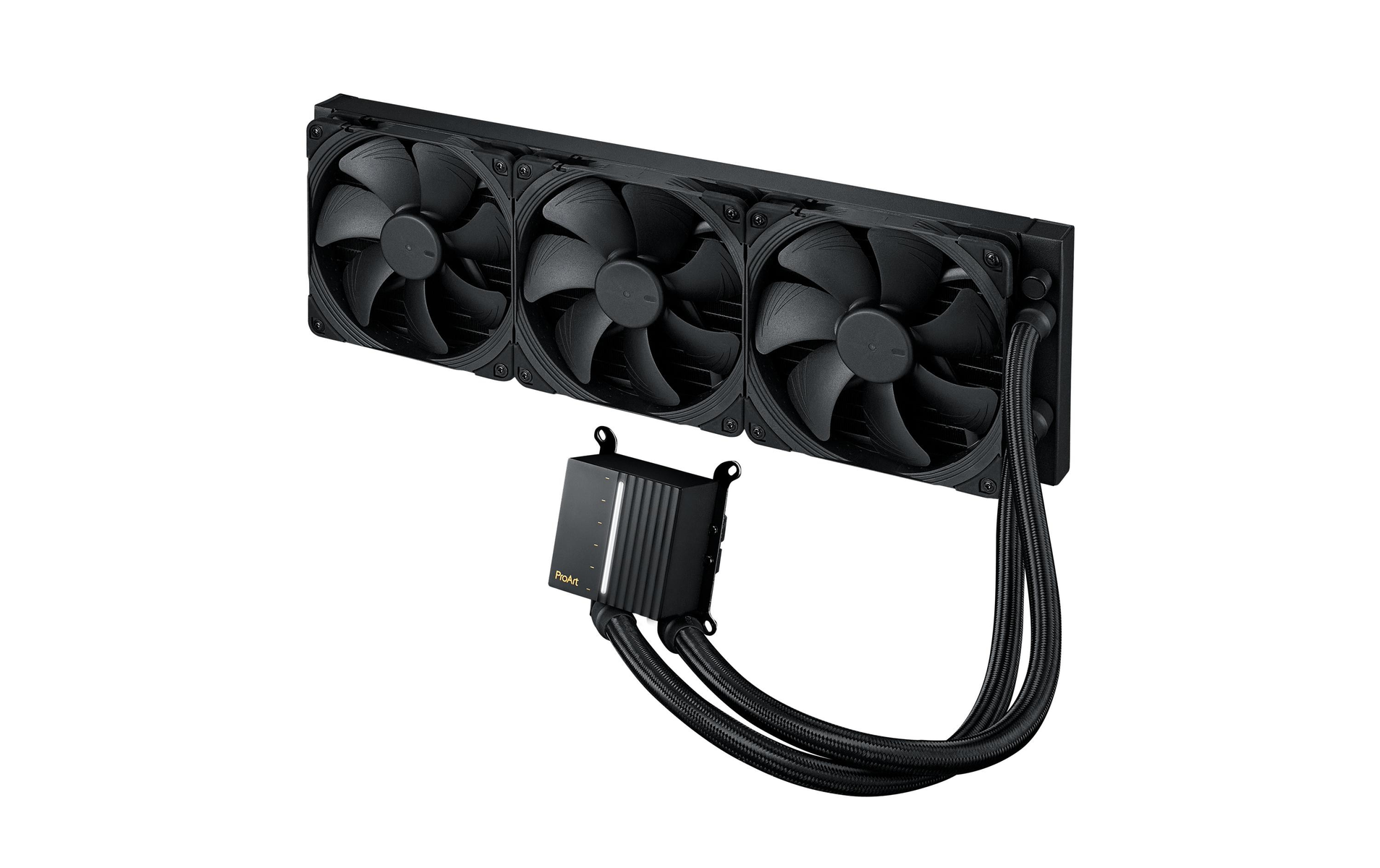 Czarny chłodnica cieczy z trzema wentylatorami. Chłodnica ma radiator i blok pompy.