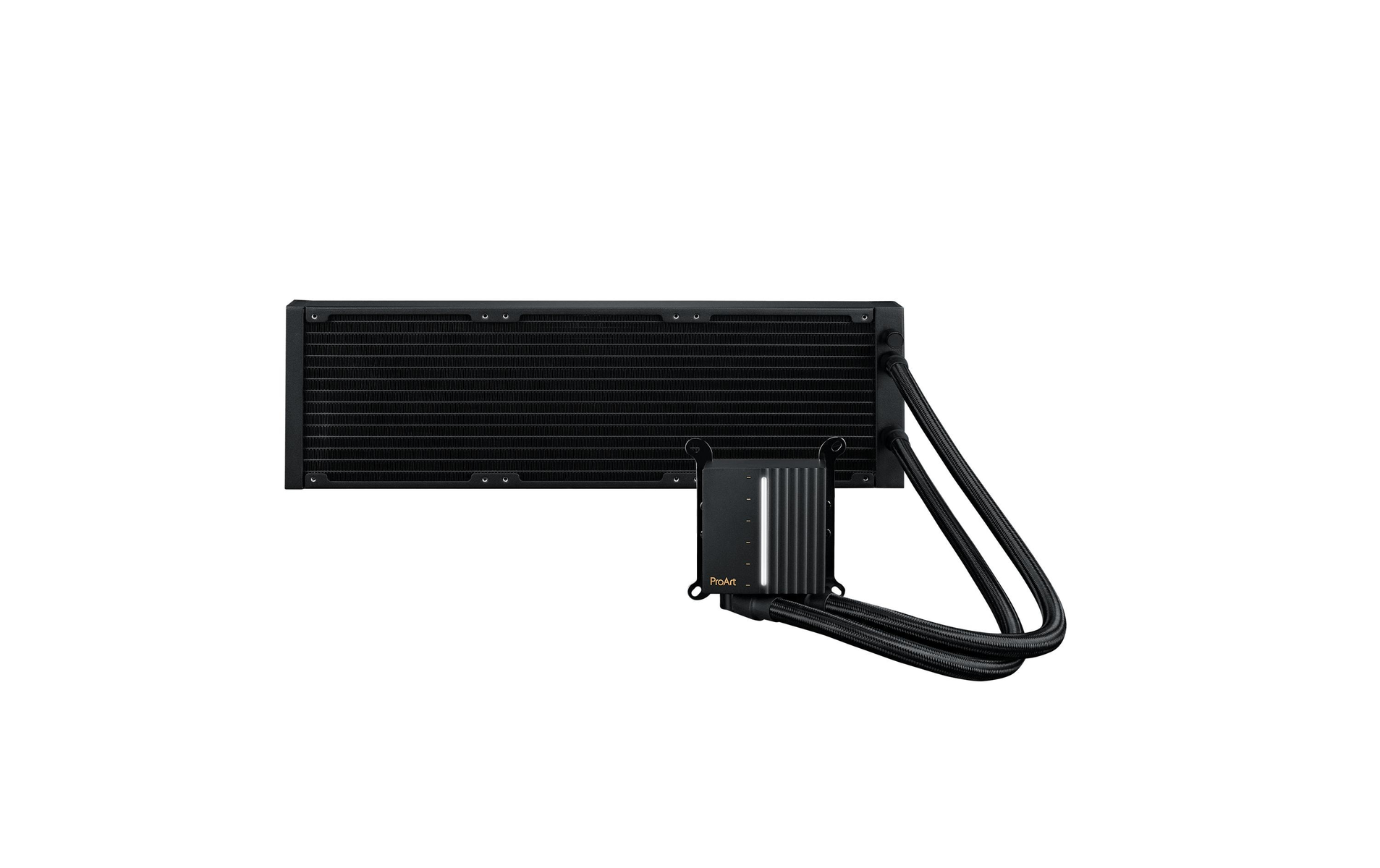 Czarny system chłodzenia cieczą komputera. Widok z góry. Czarne tło.