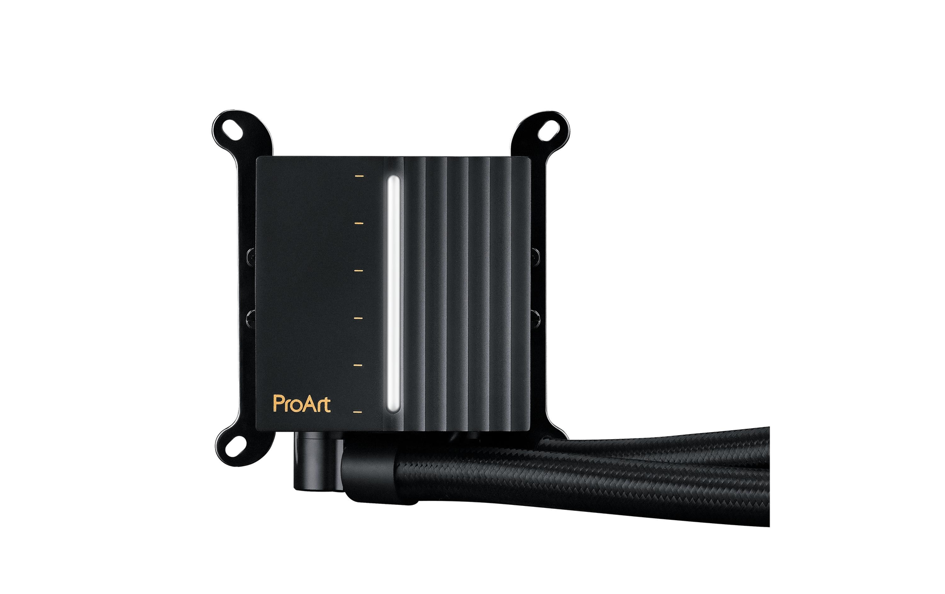 Czarny chłodnica wodna do PC z kwadratowym blokiem i rurkami. Posiada logo ProArt.