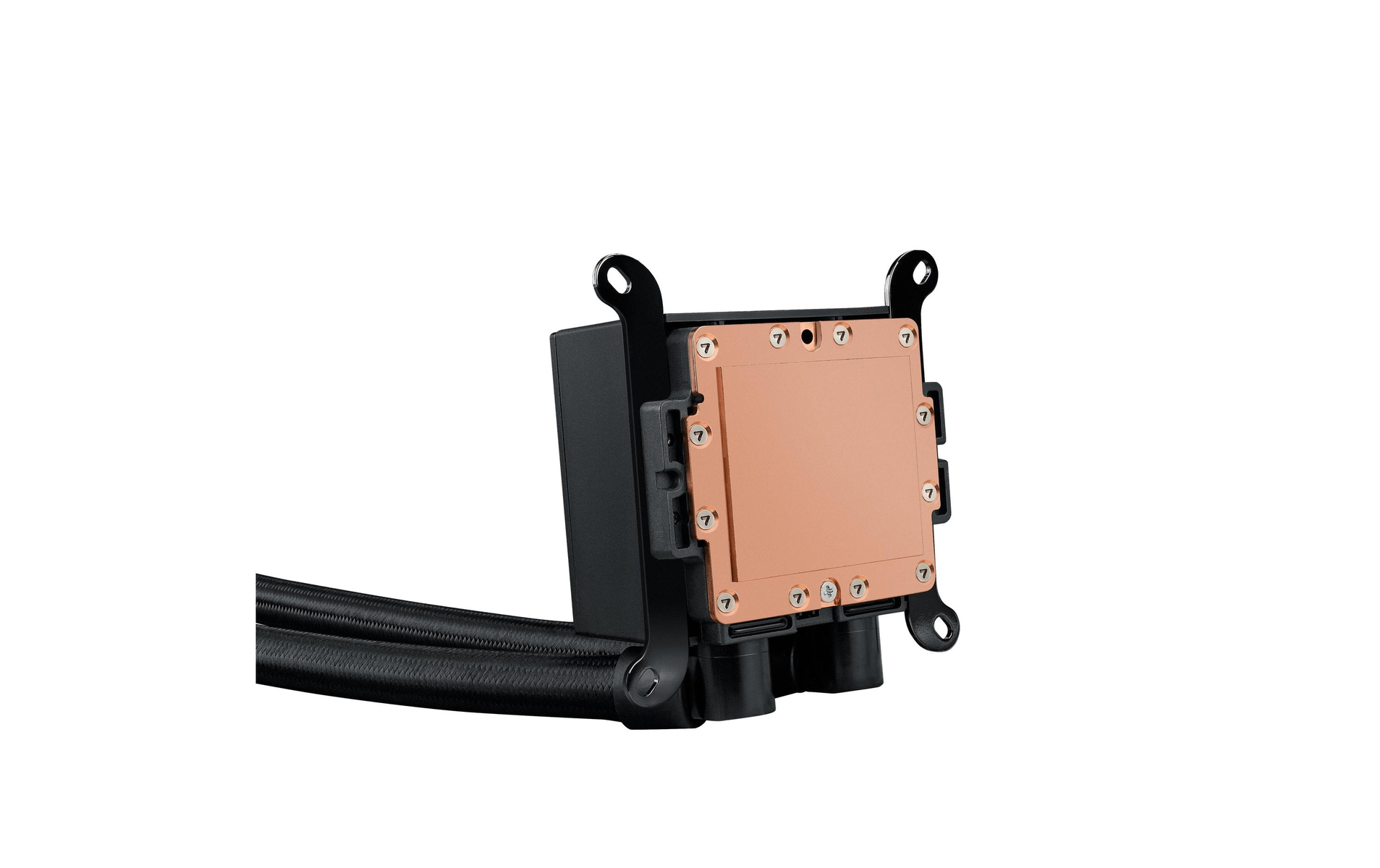 Komponent chłodnicy procesora z czarnymi rurkami i miedzianą podstawą. Podstawa ma wsporniki montażowe i śruby.