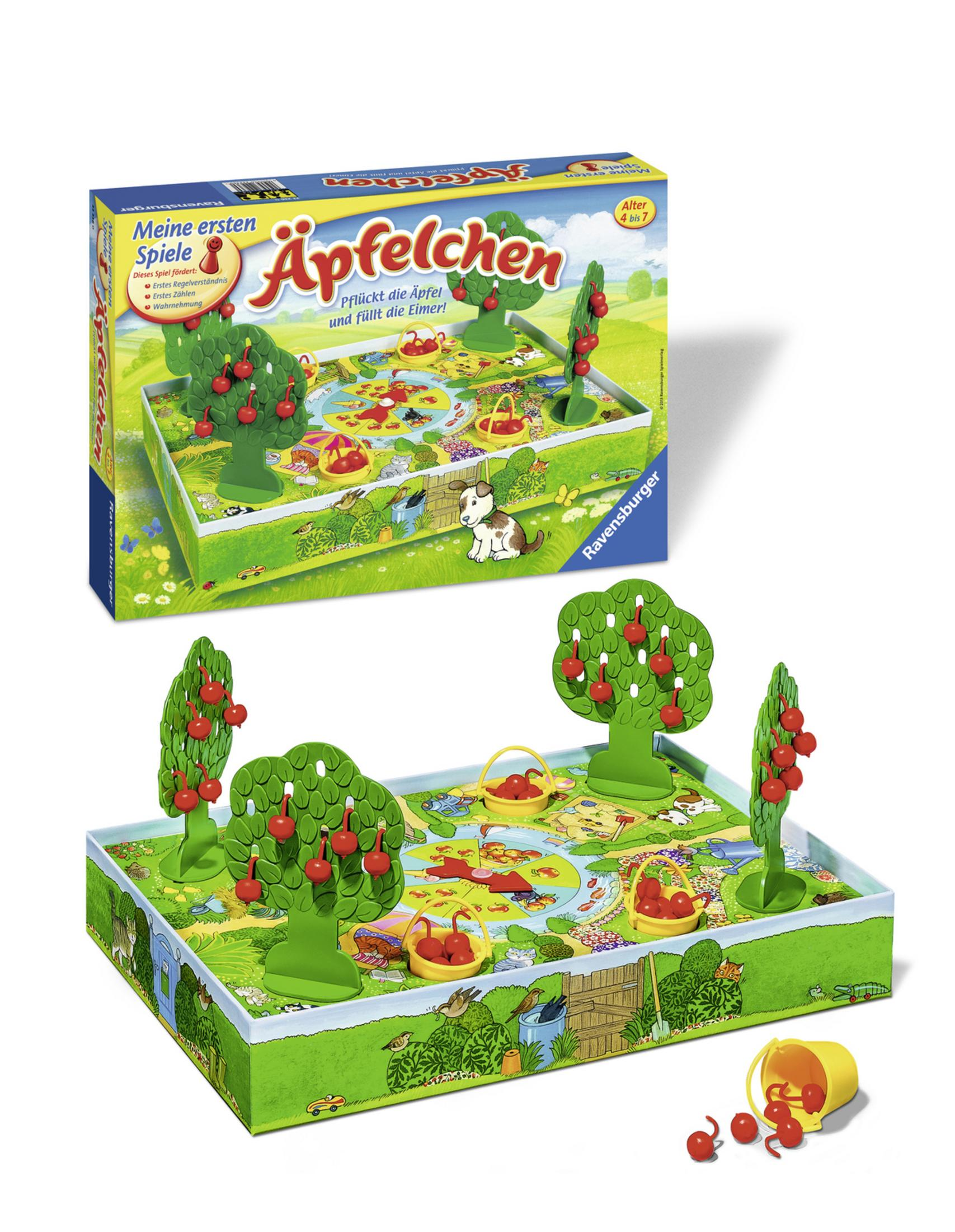 Gioco da tavolo con alberi e mele. Scatola sopra. Mele e alberi rossi.