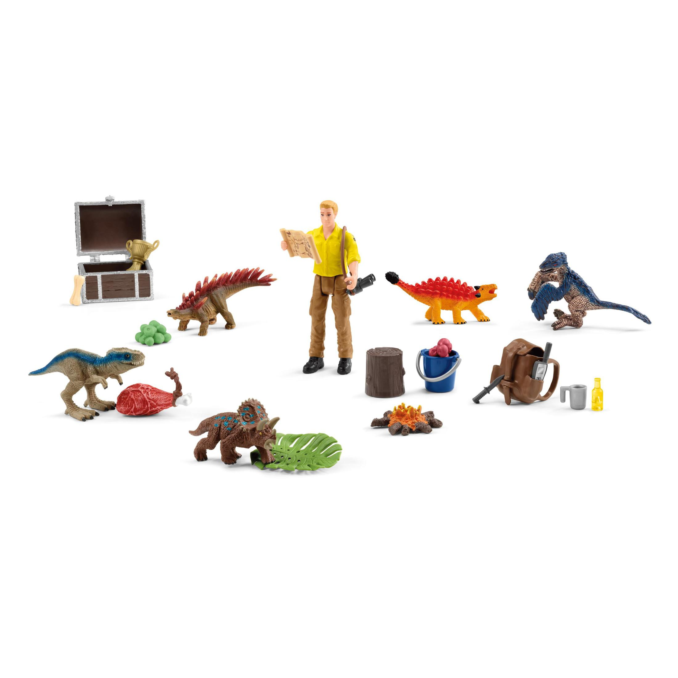 Dinosaurierspielzeug und ein Mann mit Karte. Artikel umfassen eine Truhe, Essen, Lagerfeuer und einen Rucksack. Weißer Hintergrund.
