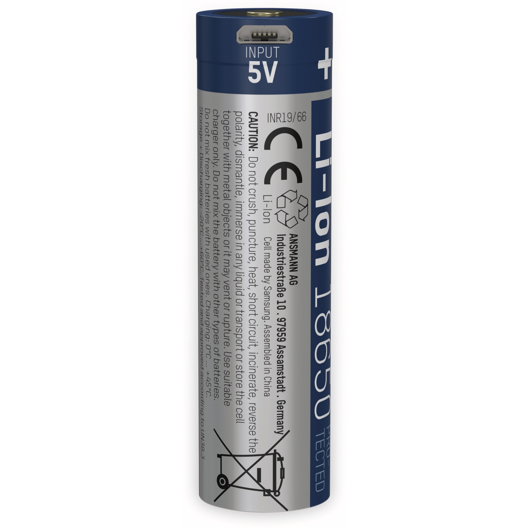 Eine zylindrische Li-Ionen-Batterie mit Textbeschriftungen. Sie ist oben blau und mit Warnhinweisen und Spezifikationen versehen.