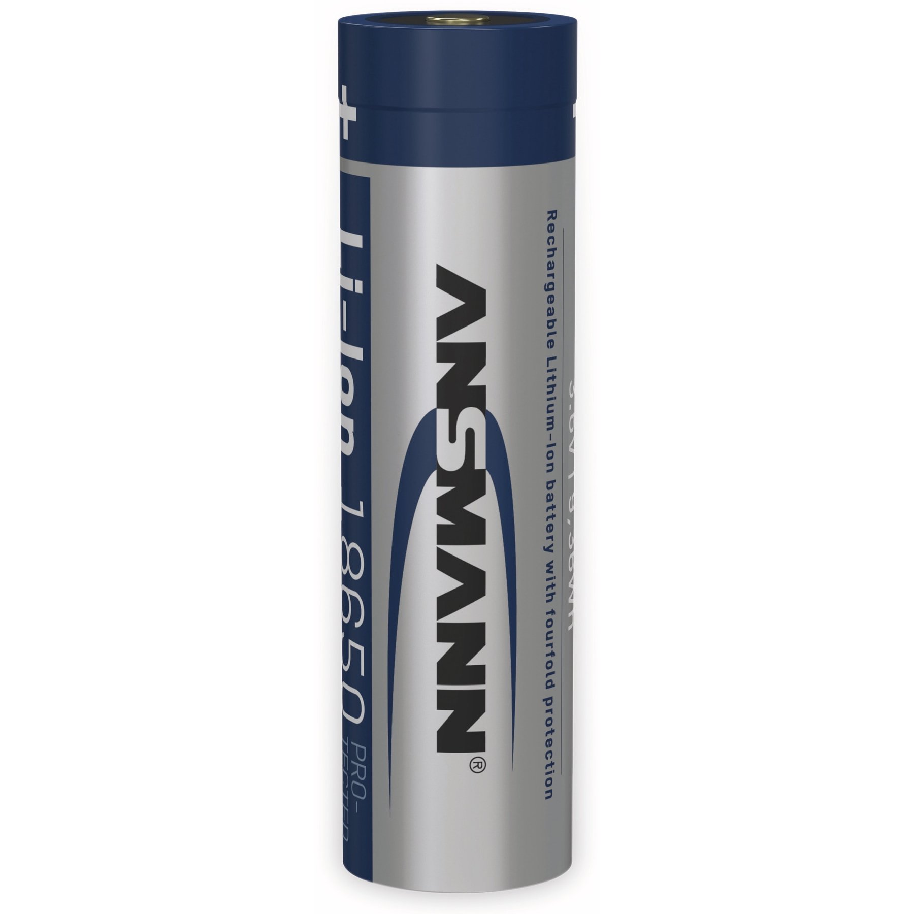 Silberne Batterie mit blauem Deckel. Text: ANSMANN, Li-Ion 18650 PRO. Wiederaufladbare Lithium-Batterie.