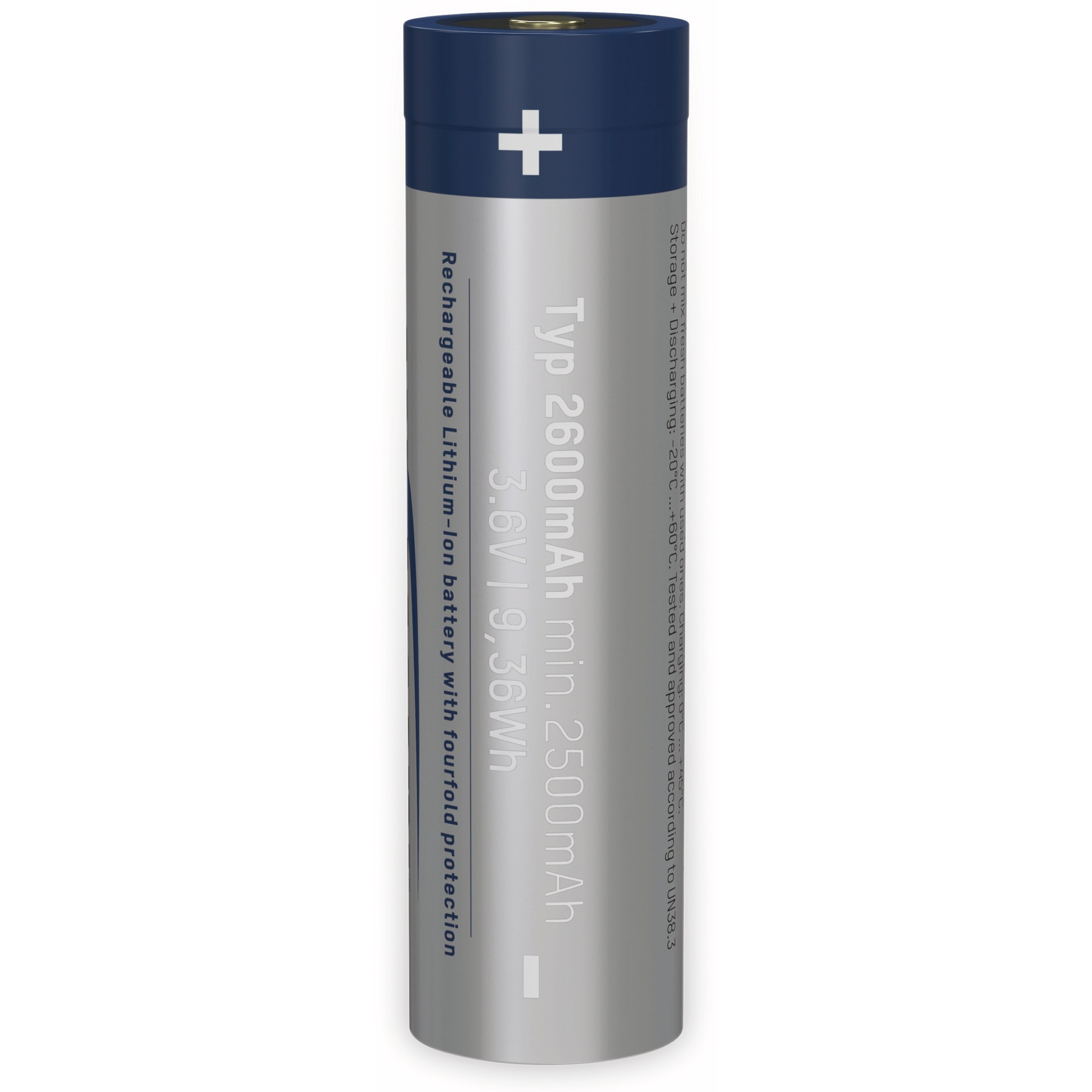 Wiederaufladbare Lithium-Ionen-Batterie mit markiertem Pluspol, auf weißem Hintergrund.