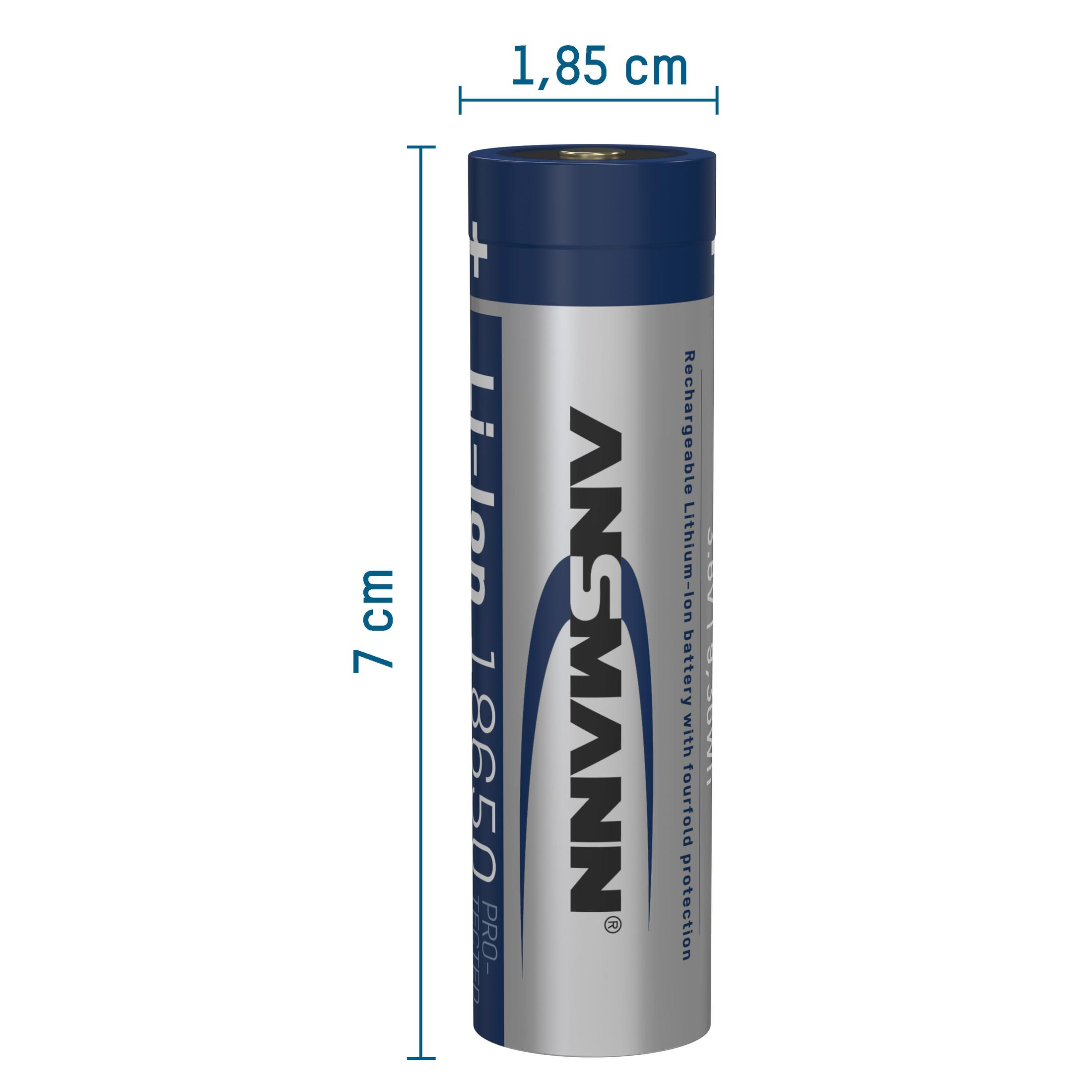 Eine einzelne, wiederaufladbare Lithium-Ionen-Batterie, silber und blau.
