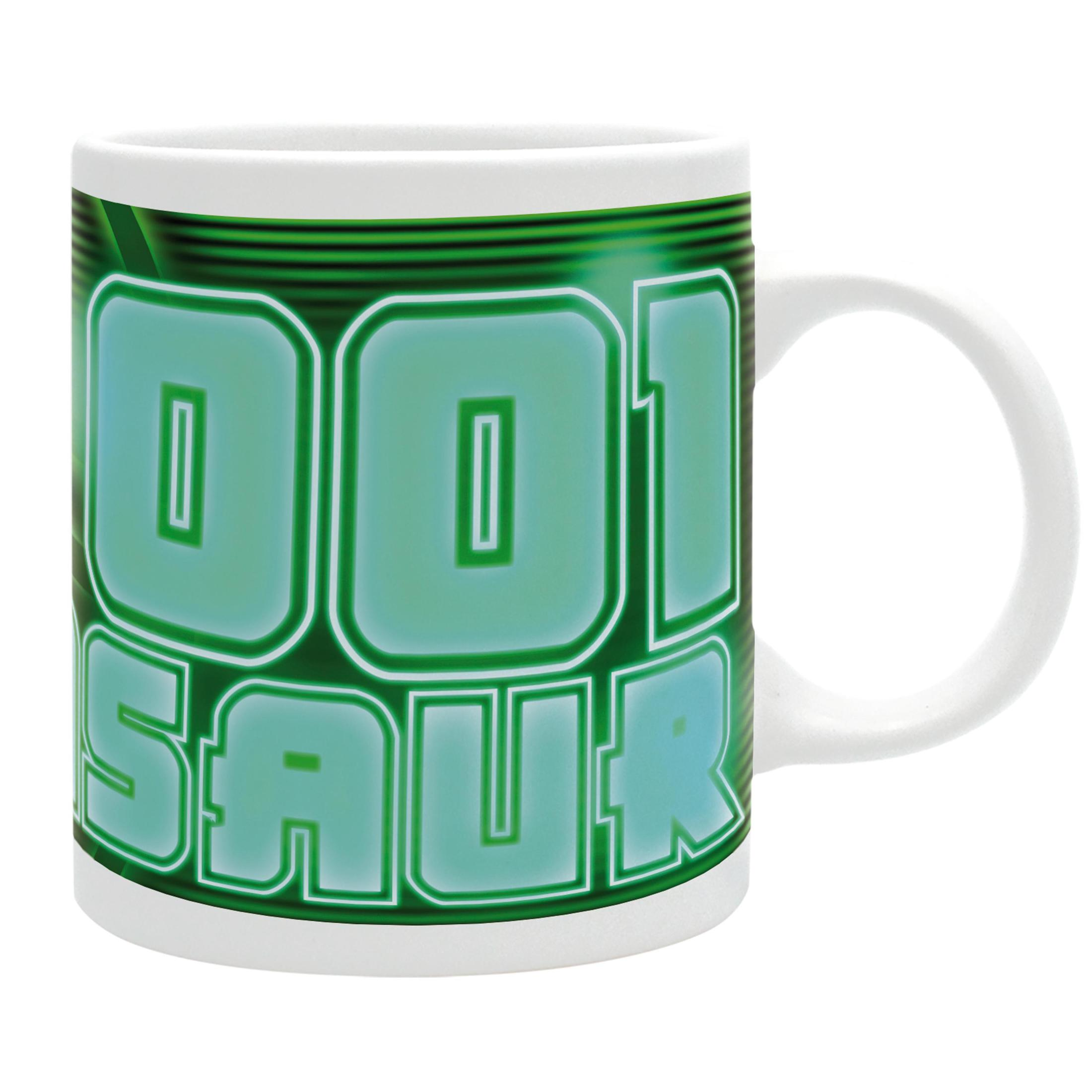 Une tasse blanche avec les mots "DOOL SAUR" en lettres vertes de style néon sur le côté.