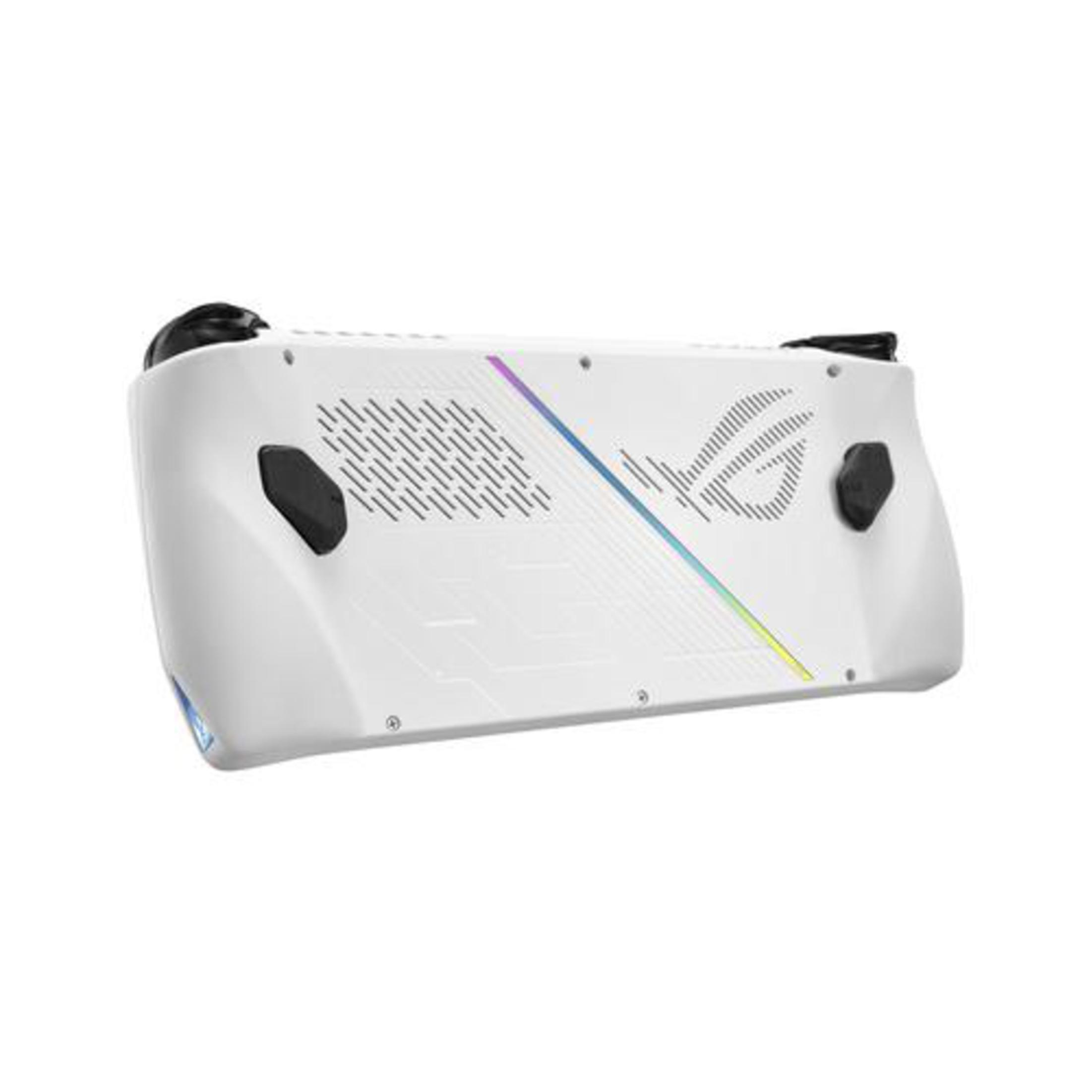 Weißes Handheld-Gaming-Gerät mit schwarzen Akzenten. Die Oberseite hat Lüftungsschlitze und das ROG-Logo.