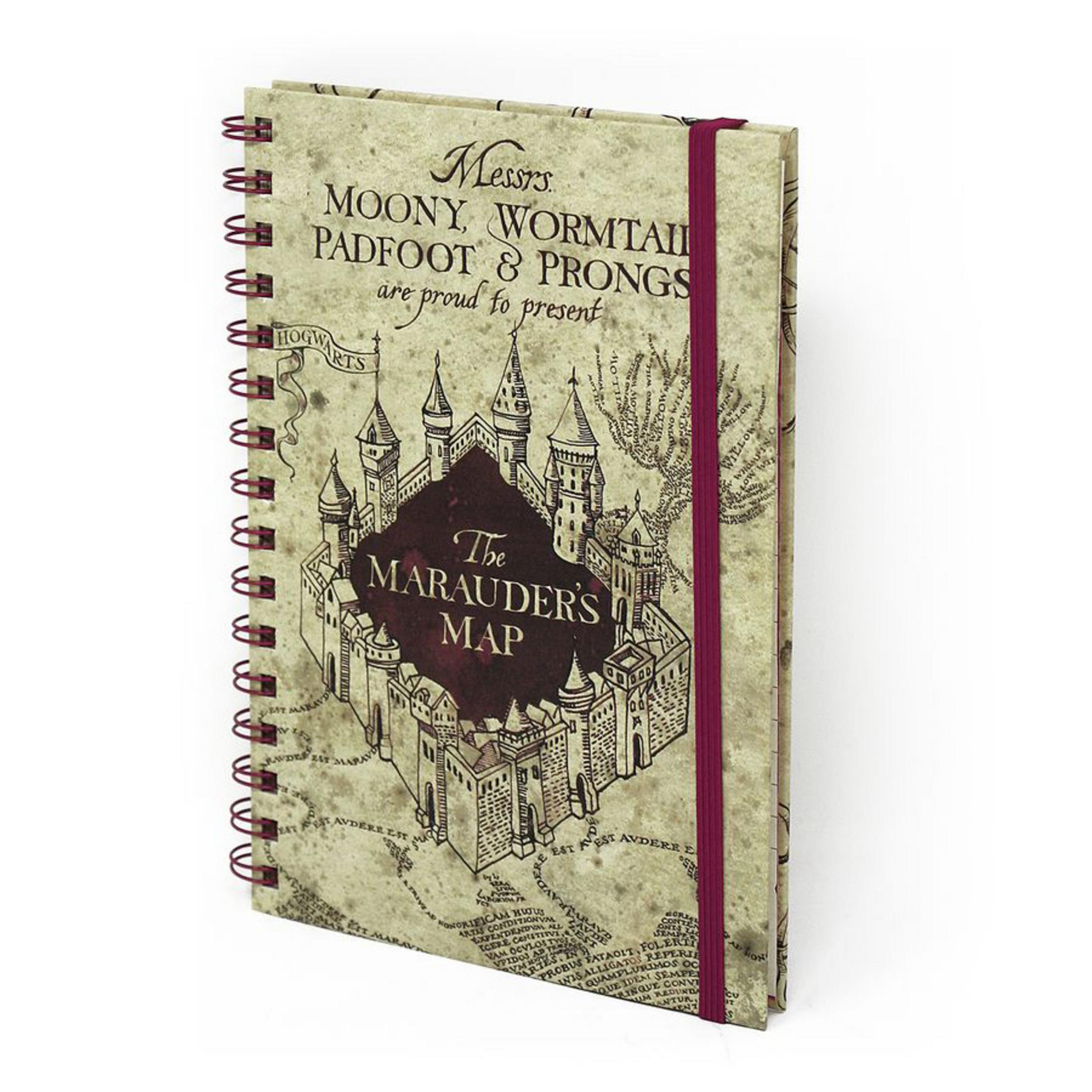 Ein Harry Potter Marauder's Map Notizbuch mit einem weinroten Gummiband und Spiralbindung.