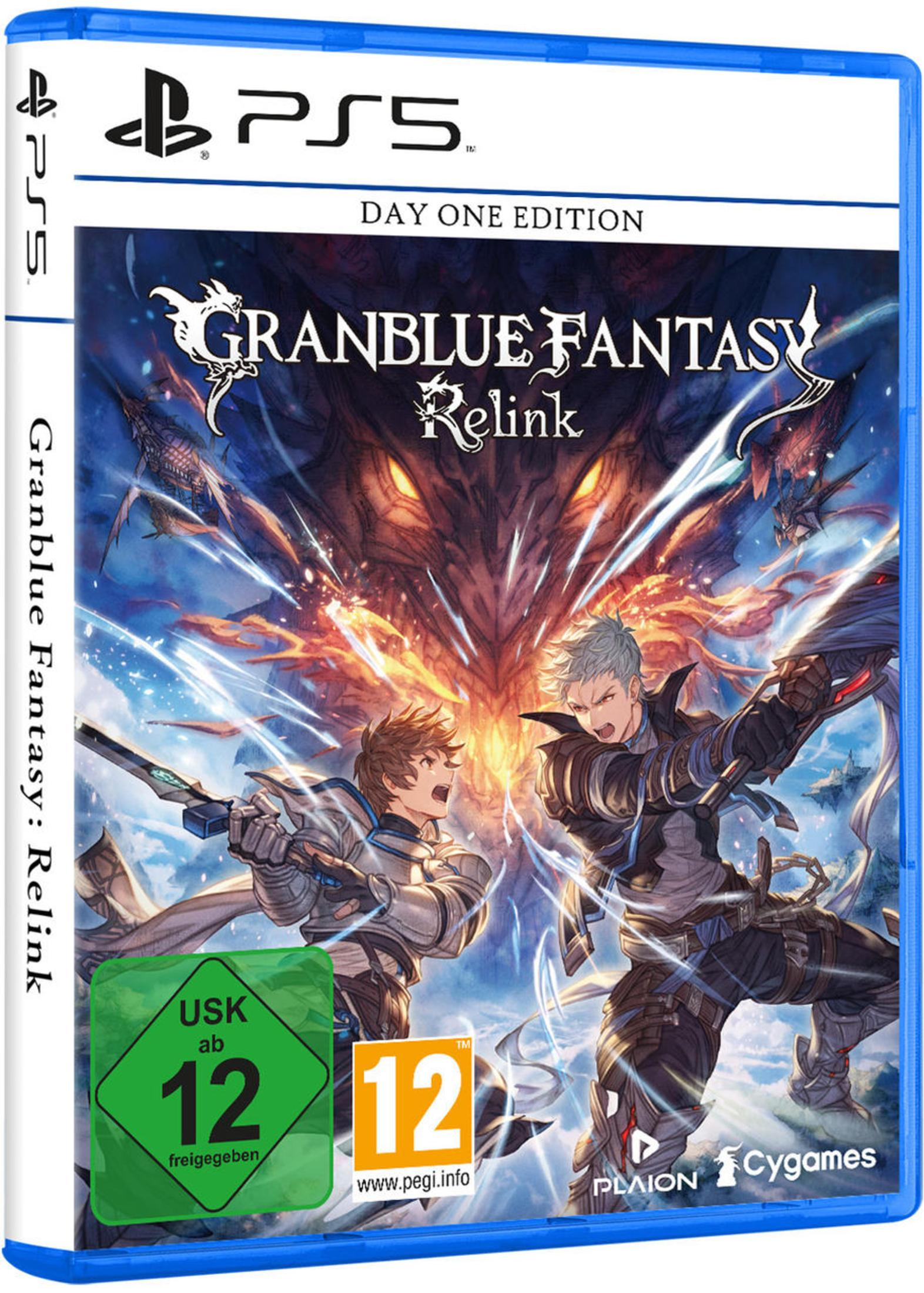 PS5-Spielbox für Granblue Fantasy: Relink. Zwei Charaktere kämpfen, Drachen-Hintergrund. Day One Edition, PEGI 12.