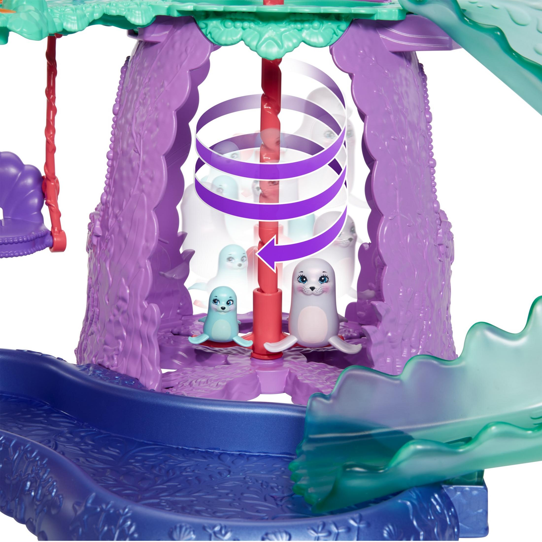 Fioletowy zestaw do zabawy z fokami i zjeżdżalnią. Obrotowa spirala pośrodku.