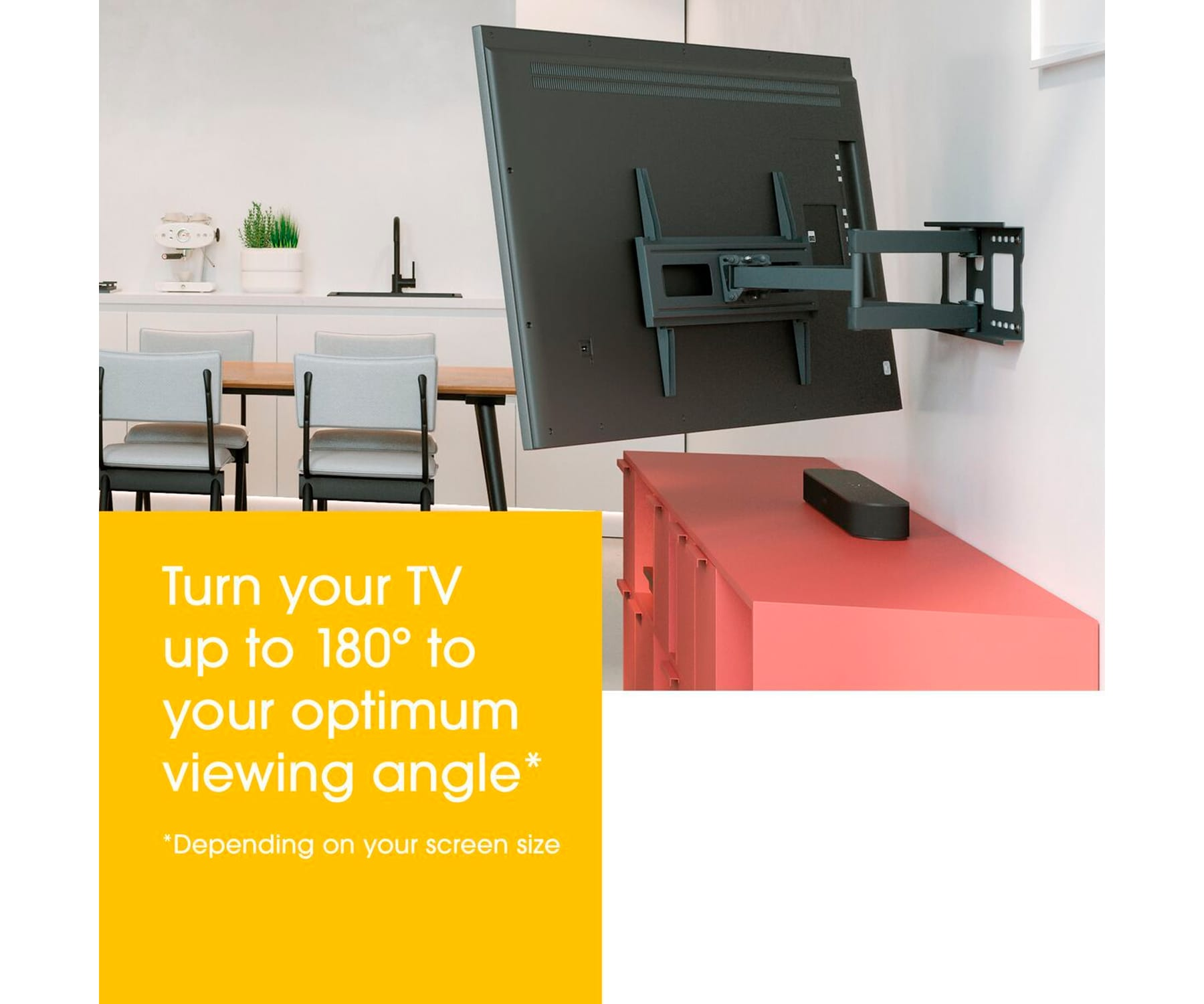 Un televisor montado en la pared, con texto sobre el ángulo de visión y un mueble rosa debajo.