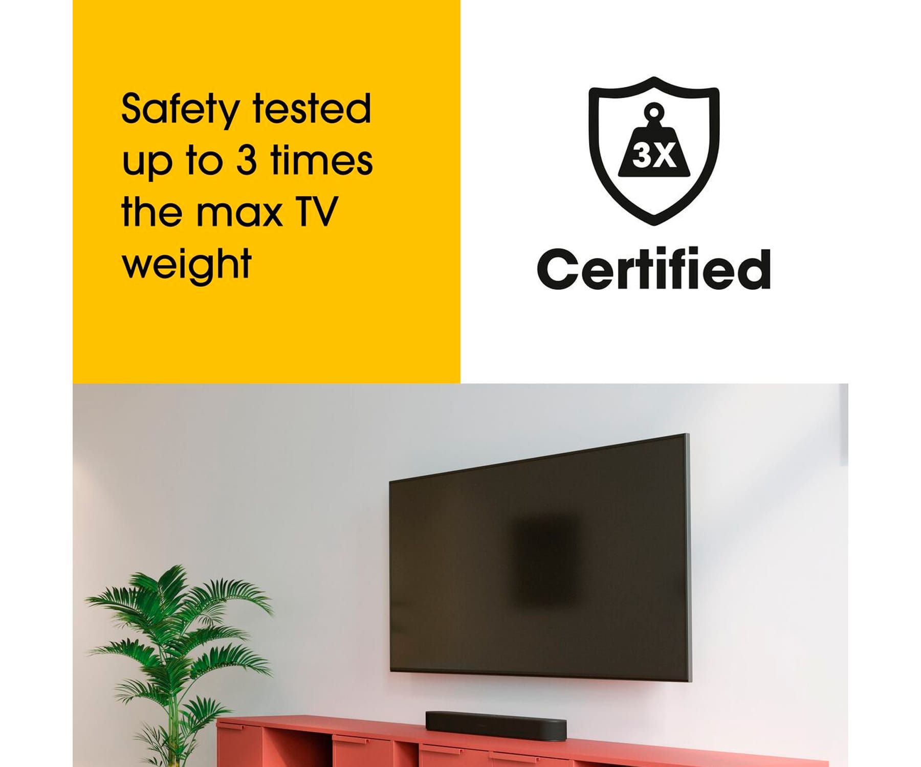 Un televisor negro montado en un mueble rojo con una planta verde, con texto sobre seguridad.