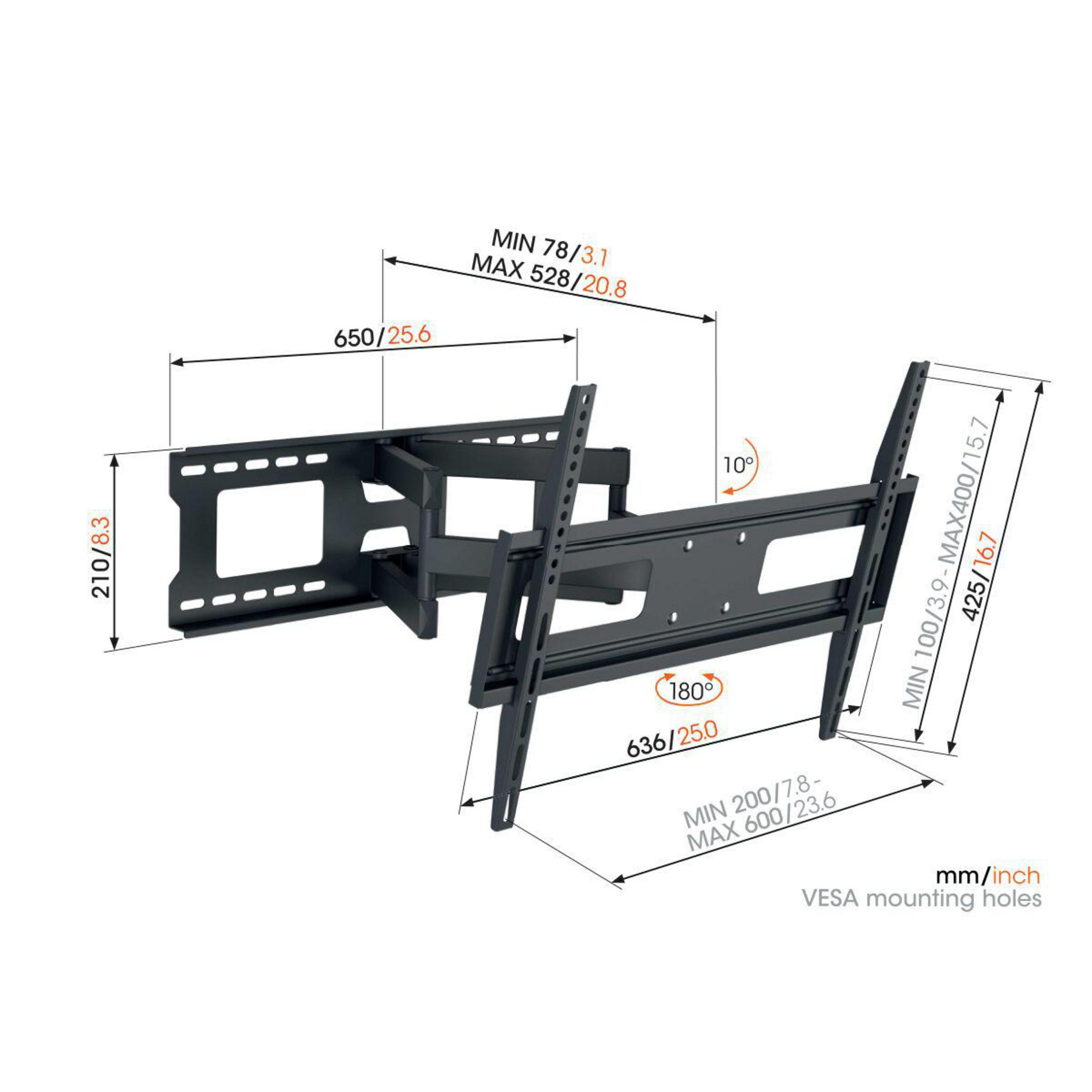 Soporte de TV negro con dimensiones y medidas, listo para montaje en pared.
