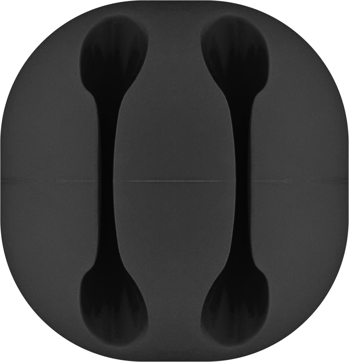 Zwei schwarze löffelförmige Objekte in einem grauen Oval, vor grauem Hintergrund.