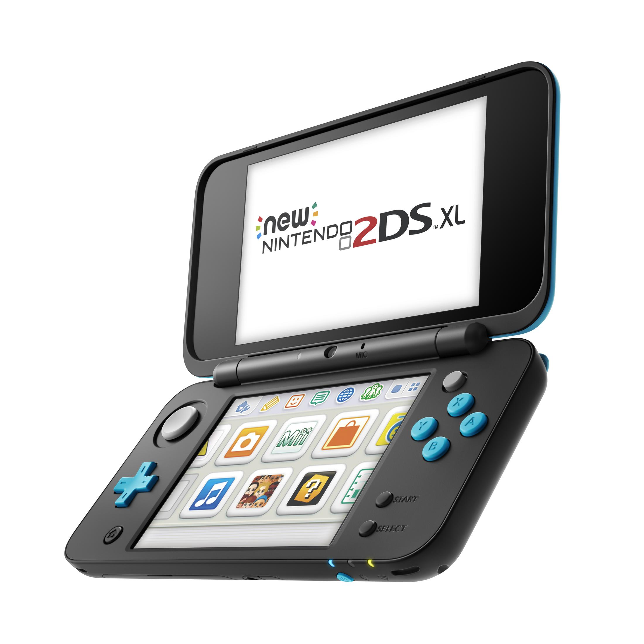 Zwarte en blauwe Nintendo 2DS XL open, met scherm met witte tekst en touchscreen met pictogrammen.